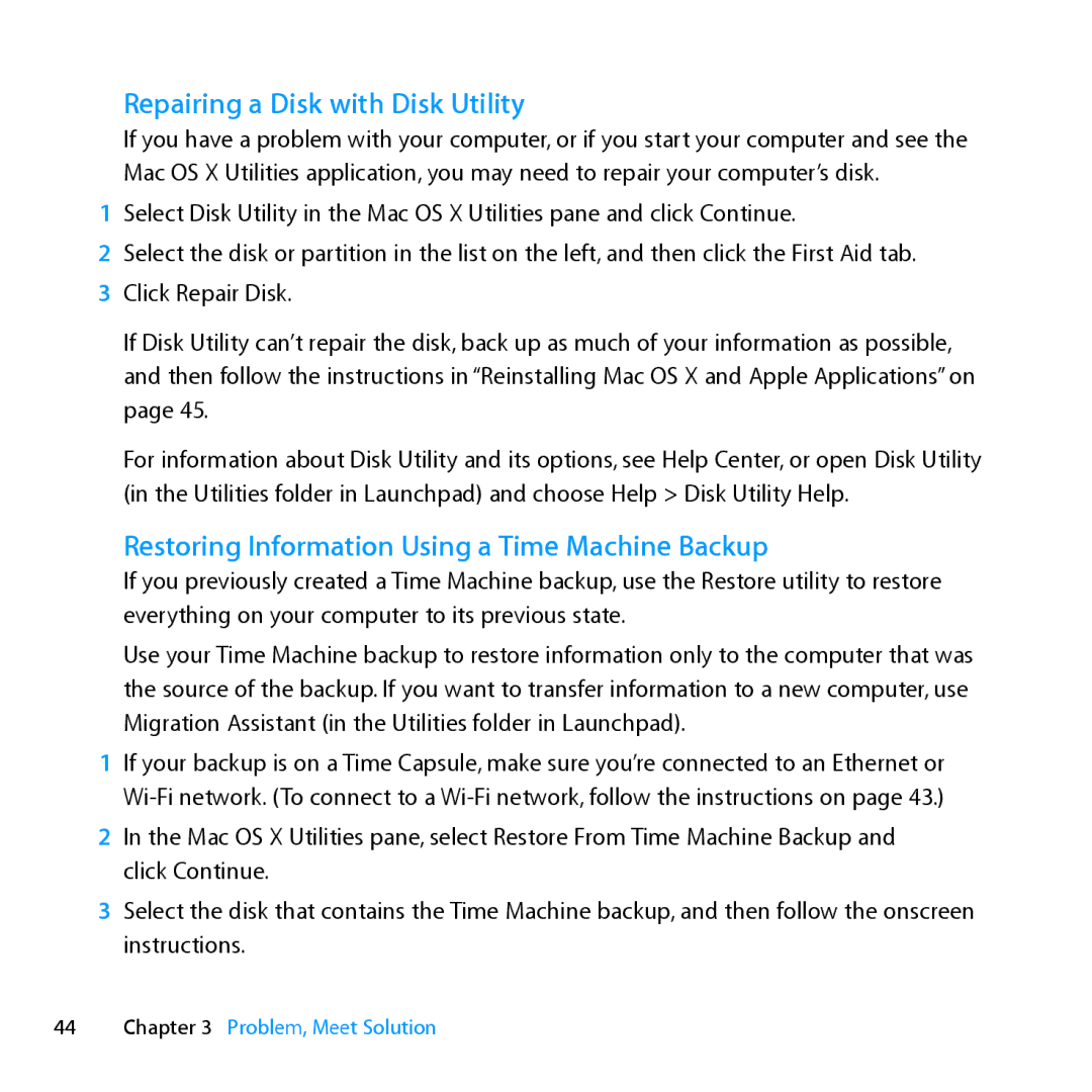 Apple Z0MF manual Repairing a Disk with Disk Utility, Restoring Information Using a Time Machine Backup 