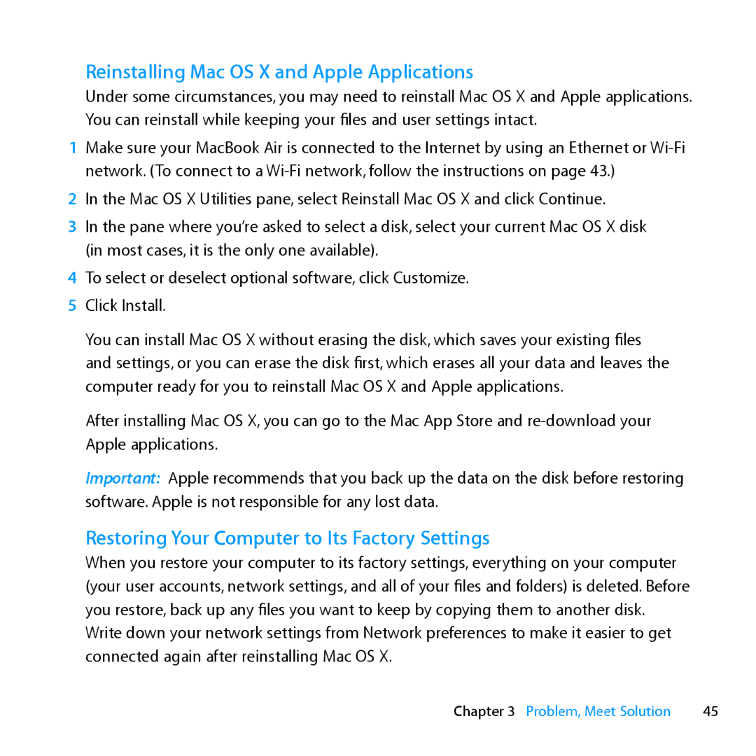 Apple Z0MF manual Reinstalling Mac OS X and Apple Applications, Restoring Your Computer to Its Factory Settings 