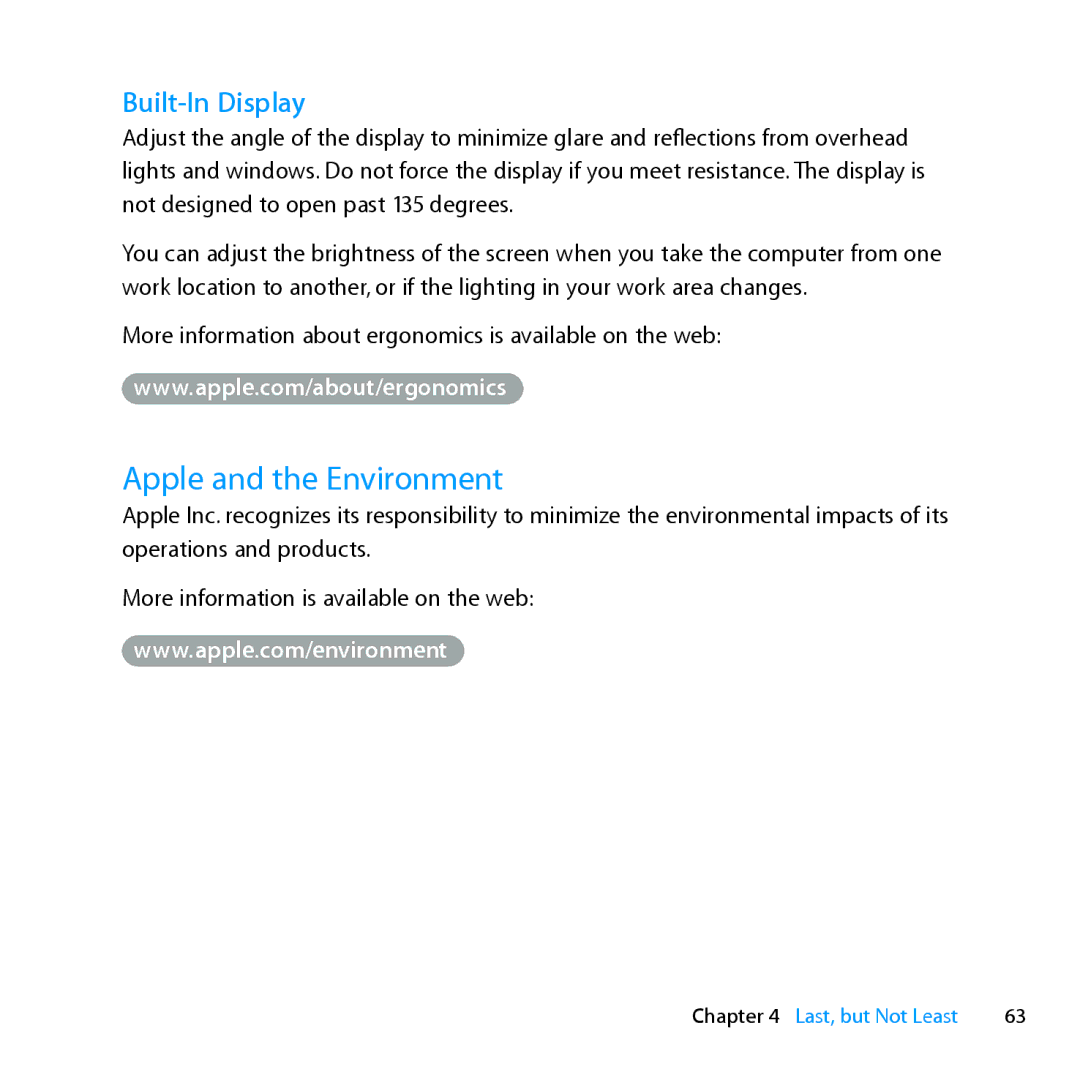 Apple Z0MF manual Apple and the Environment, Built-In Display 