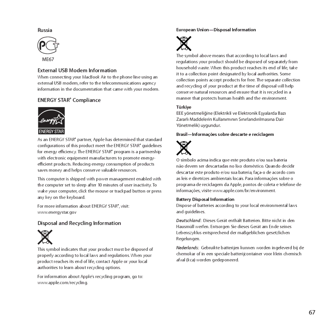 Apple Z0MF manual Russia External USB Modem Information 