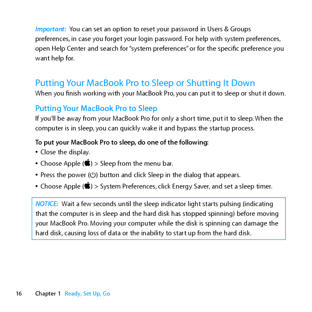 Apple Z0PY2LL/A, MD318LLA manual Putting Your MacBook Pro to Sleep or Shutting It Down 