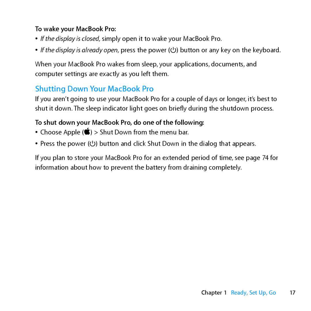 Apple MD318LLA, Z0PY2LL/A manual Shutting Down Your MacBook Pro, To wake your MacBook Pro 