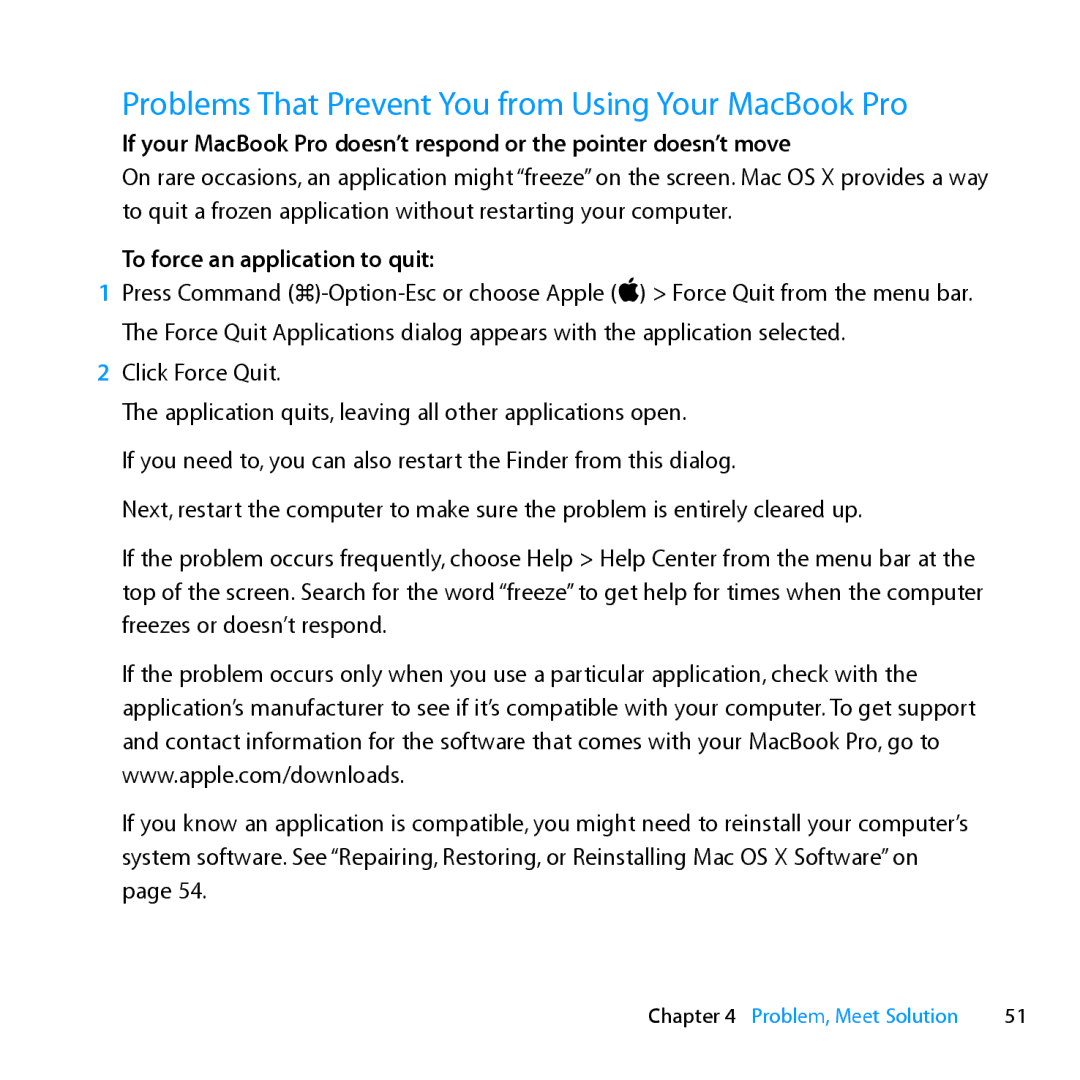 Apple MD318LLA, Z0PY2LL/A manual Problems That Prevent You from Using Your MacBook Pro, To force an application to quit 