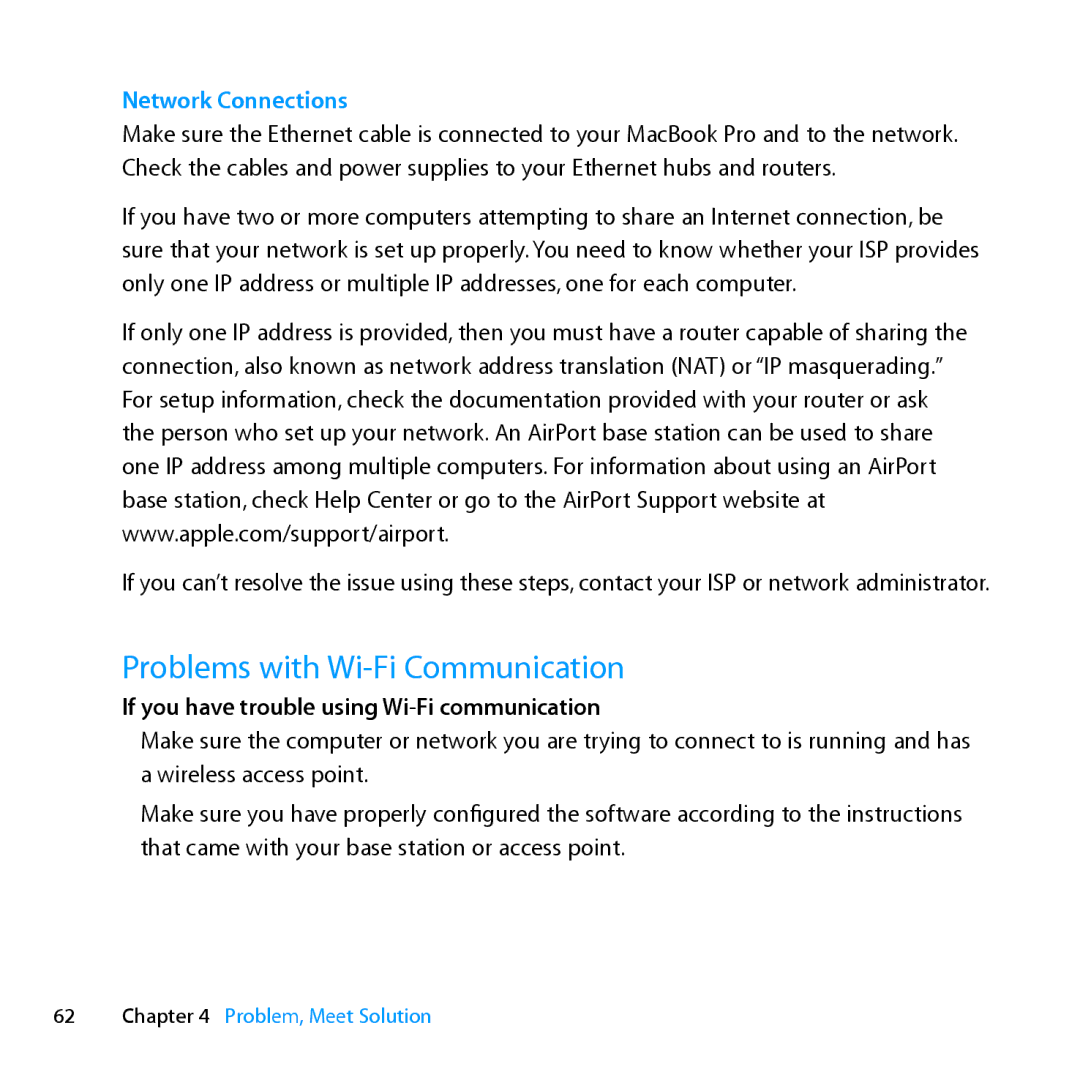 Apple Z0PY2LL/A, MD318LLA manual Problems with Wi-Fi Communication, If you have trouble using Wi-Fi communication 