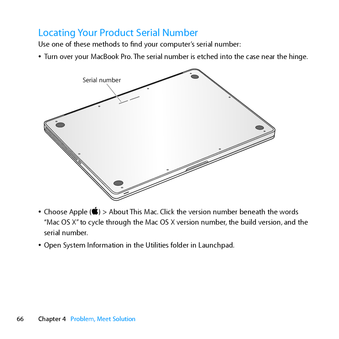 Apple Z0PY2LL/A, MD318LLA manual Locating Your Product Serial Number 