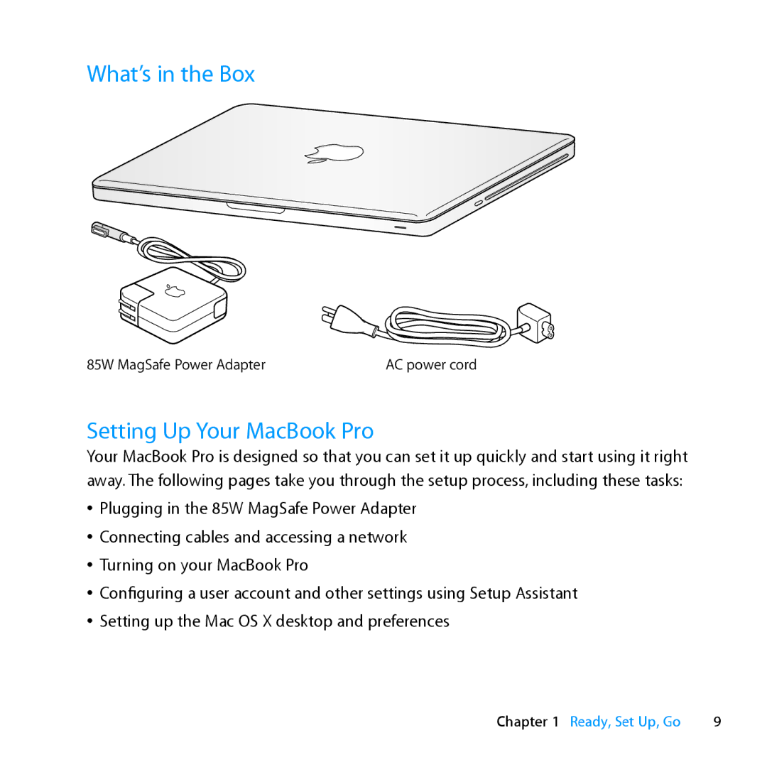 Apple MD318LLA, Z0PY2LL/A manual What’s in the Box, Setting Up Your MacBook Pro 