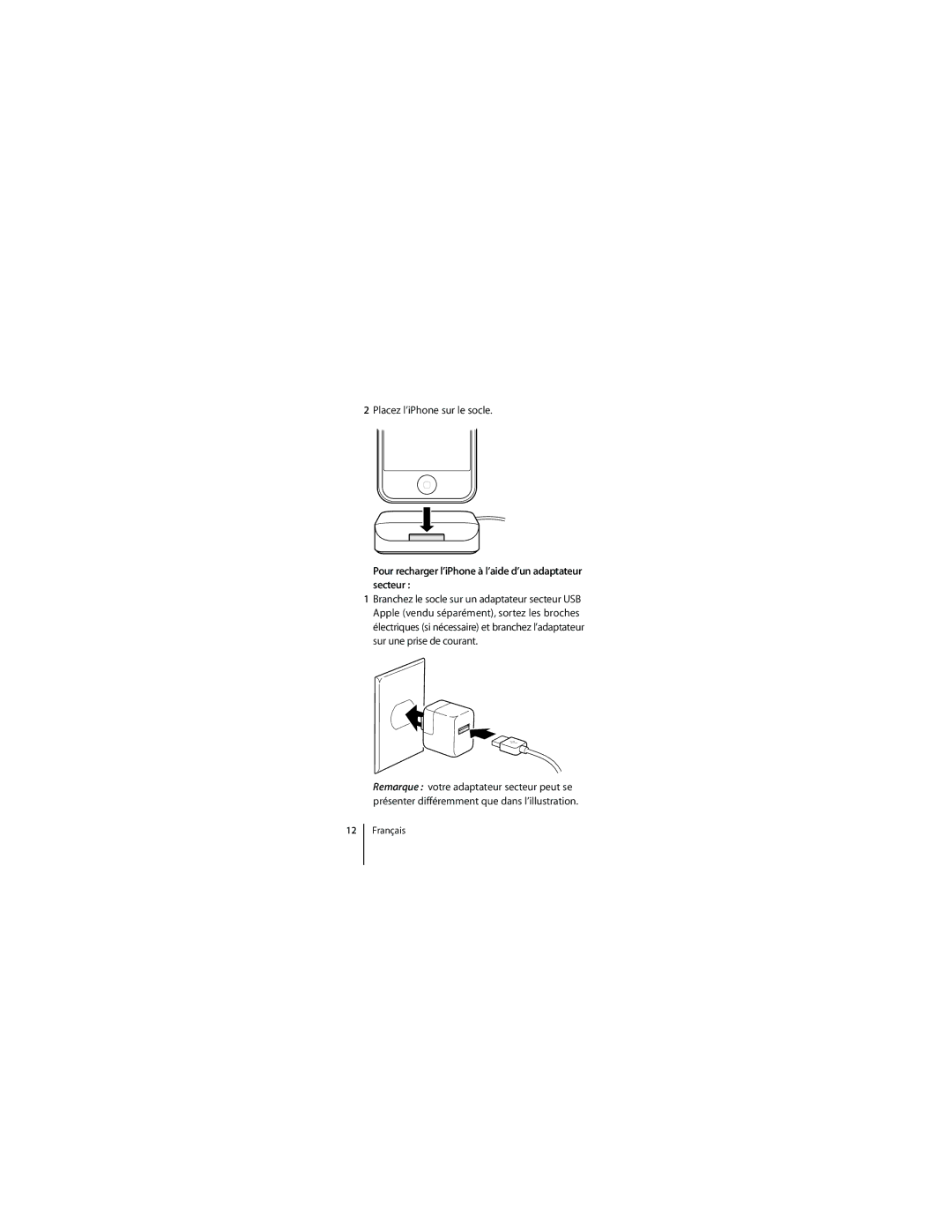 Apple ZM034-4580-A manual Pour recharger l’iPhone à l’aide d’un adaptateur secteur 