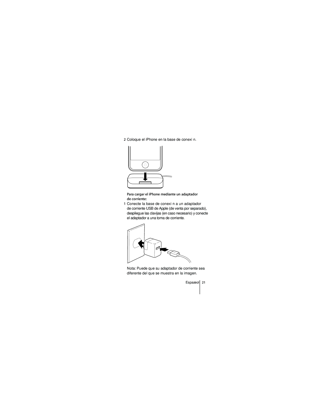 Apple ZM034-4580-A manual Para cargar el iPhone mediante un adaptador de corriente 