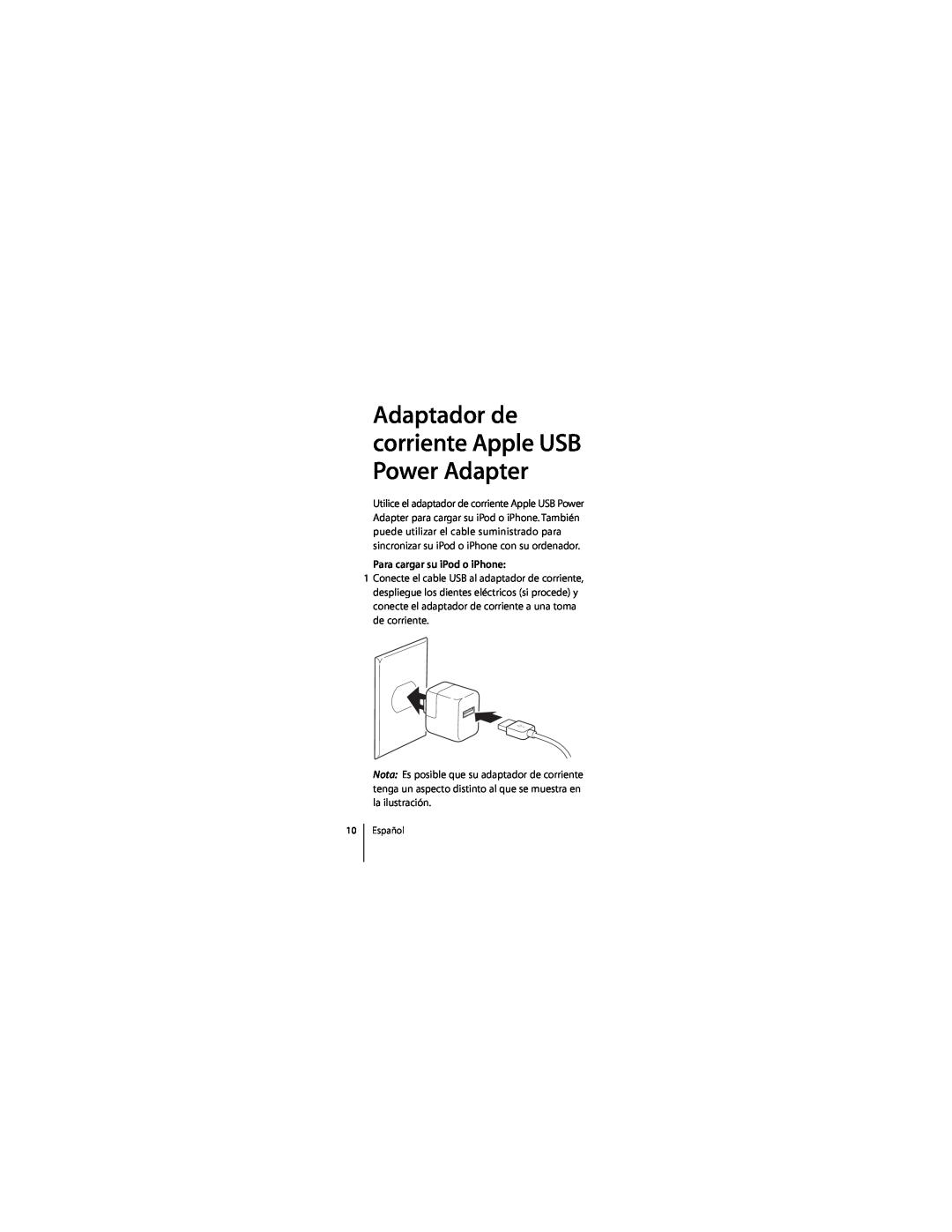 Apple ZM034-4835-A manual Para cargar su iPod o iPhone, Adaptador de corriente Apple USB Power Adapter 