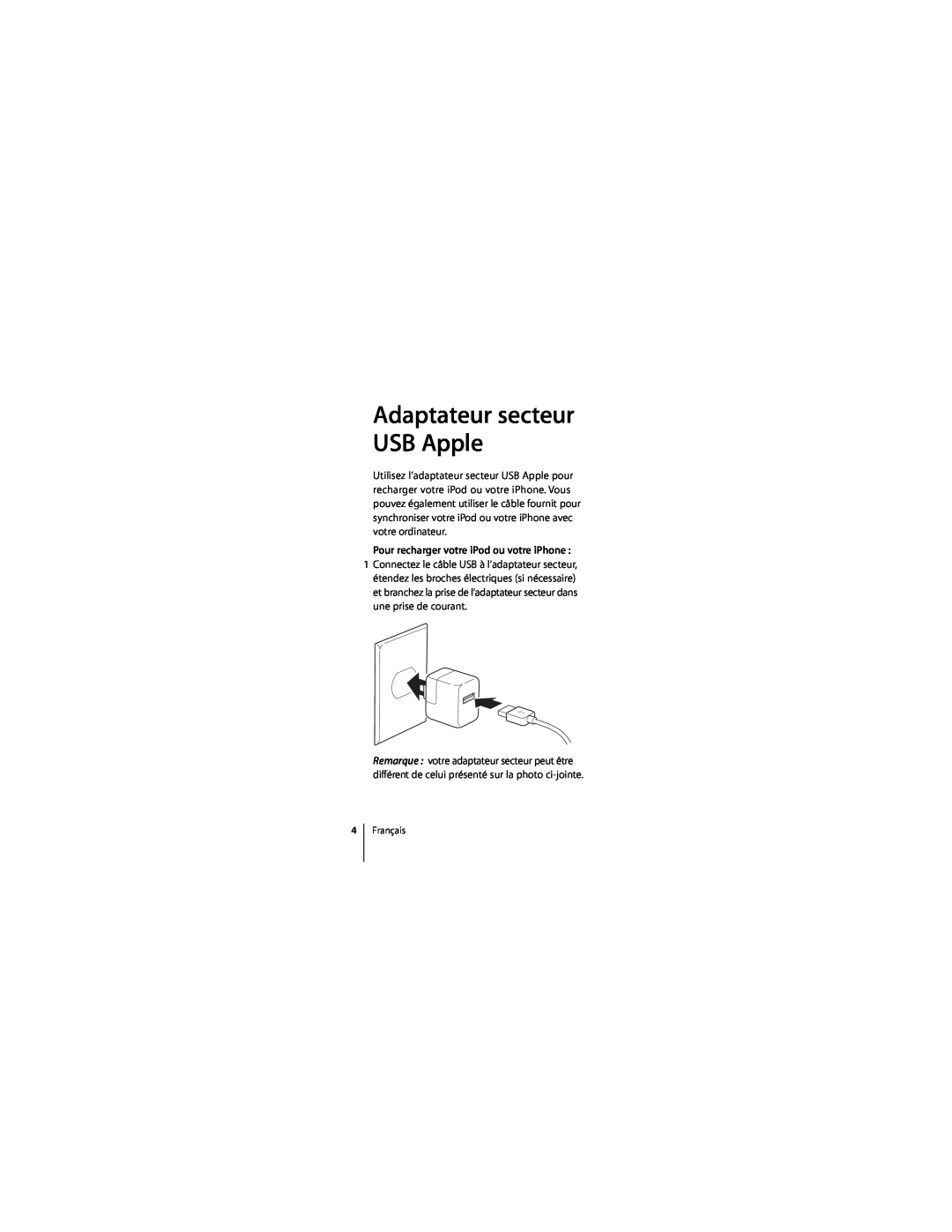 Apple ZM034-4835-A manual Pour recharger votre iPod ou votre iPhone, Adaptateur secteur USB Apple 
