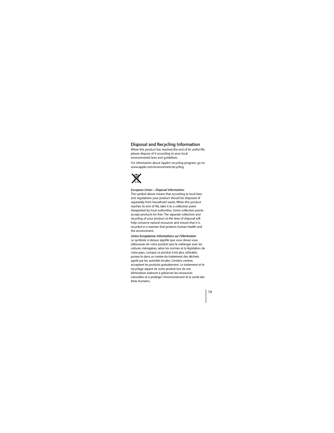 Apple ZM034-4835-A manual Disposal and Recycling Information, European Union-Disposal Information 