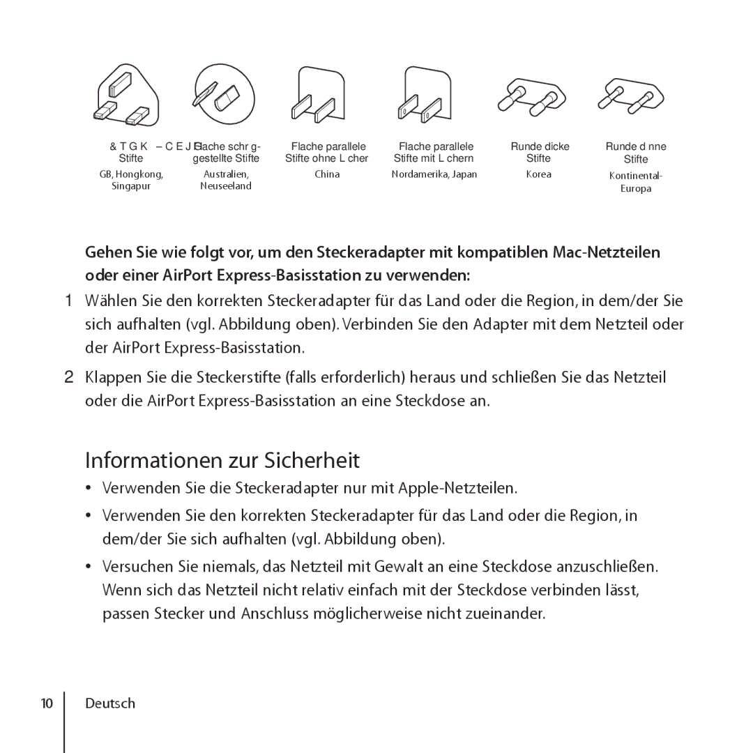 Apple ZM034-4845-A manual Informationen zur Sicherheit, Drei flache, Flache parallele Runde dicke, Stifte Gestellte Stifte 