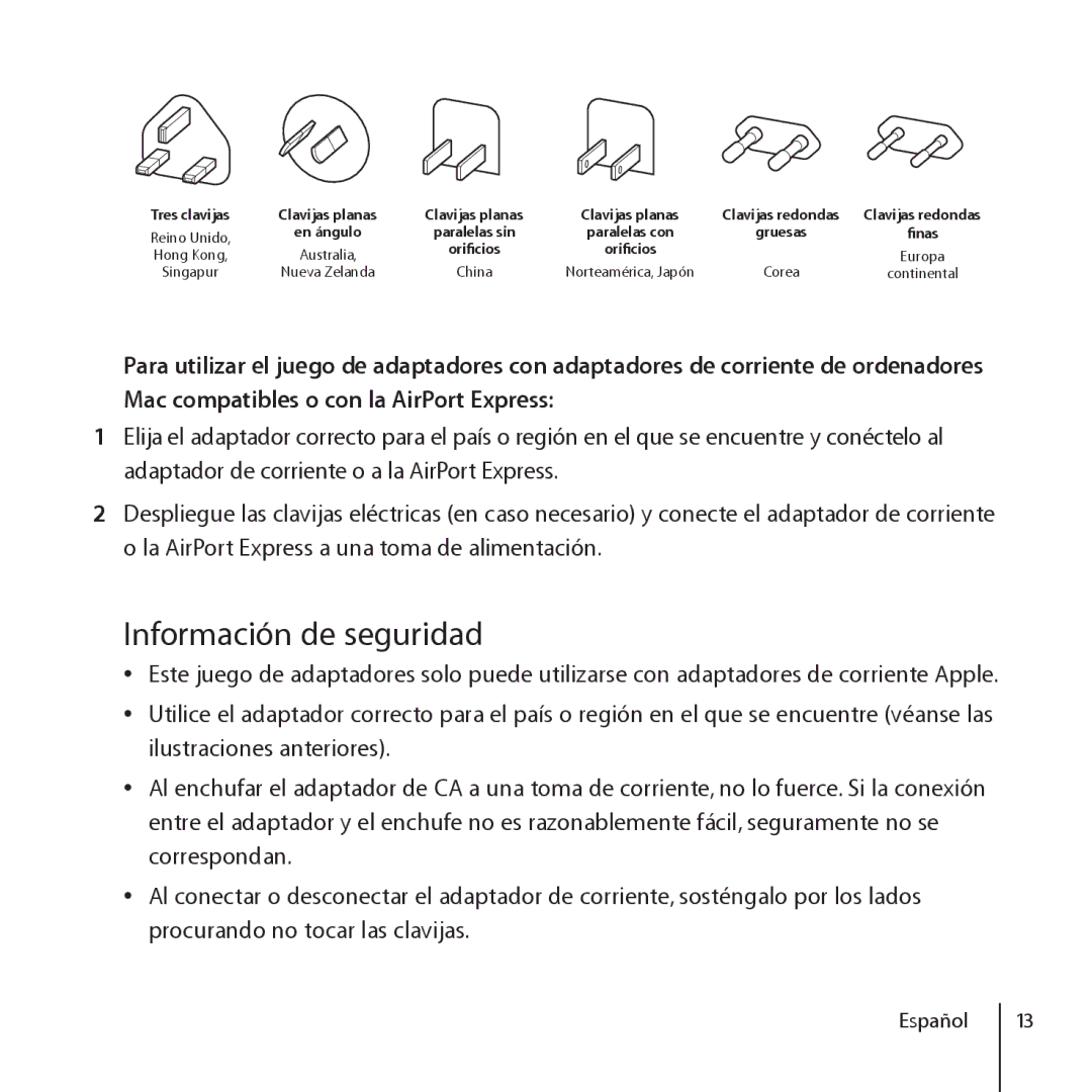 Apple World Travel Adapter, ZM034-4845-A manual Información de seguridad, Paralelas sin Paralelas con Gruesas Finas 