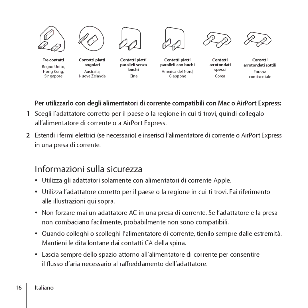 Apple ZM034-4845-A, World Travel Adapter manual Informazioni sulla sicurezza, Tre contatti Contatti piatti, Paralleli senza 