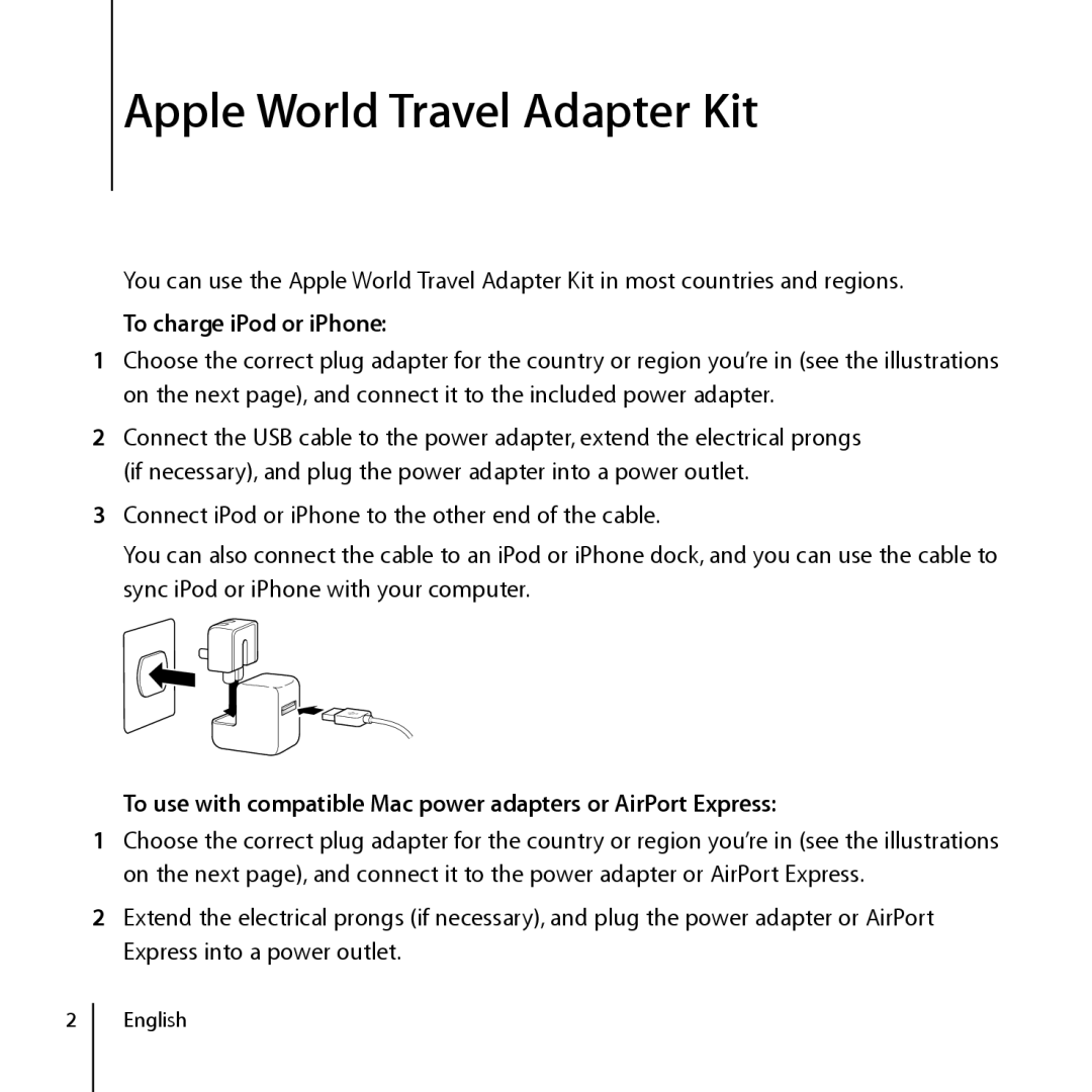 Apple ZM034-4845-A manual Apple World Travel Adapter Kit, To charge iPod or iPhone, English 