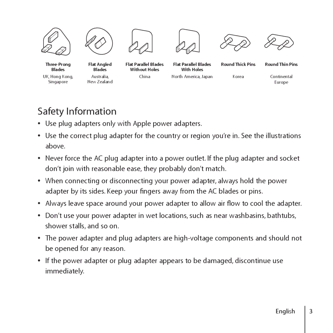 Apple World Travel Adapter, ZM034-4845-A manual Safety Information, Blades 