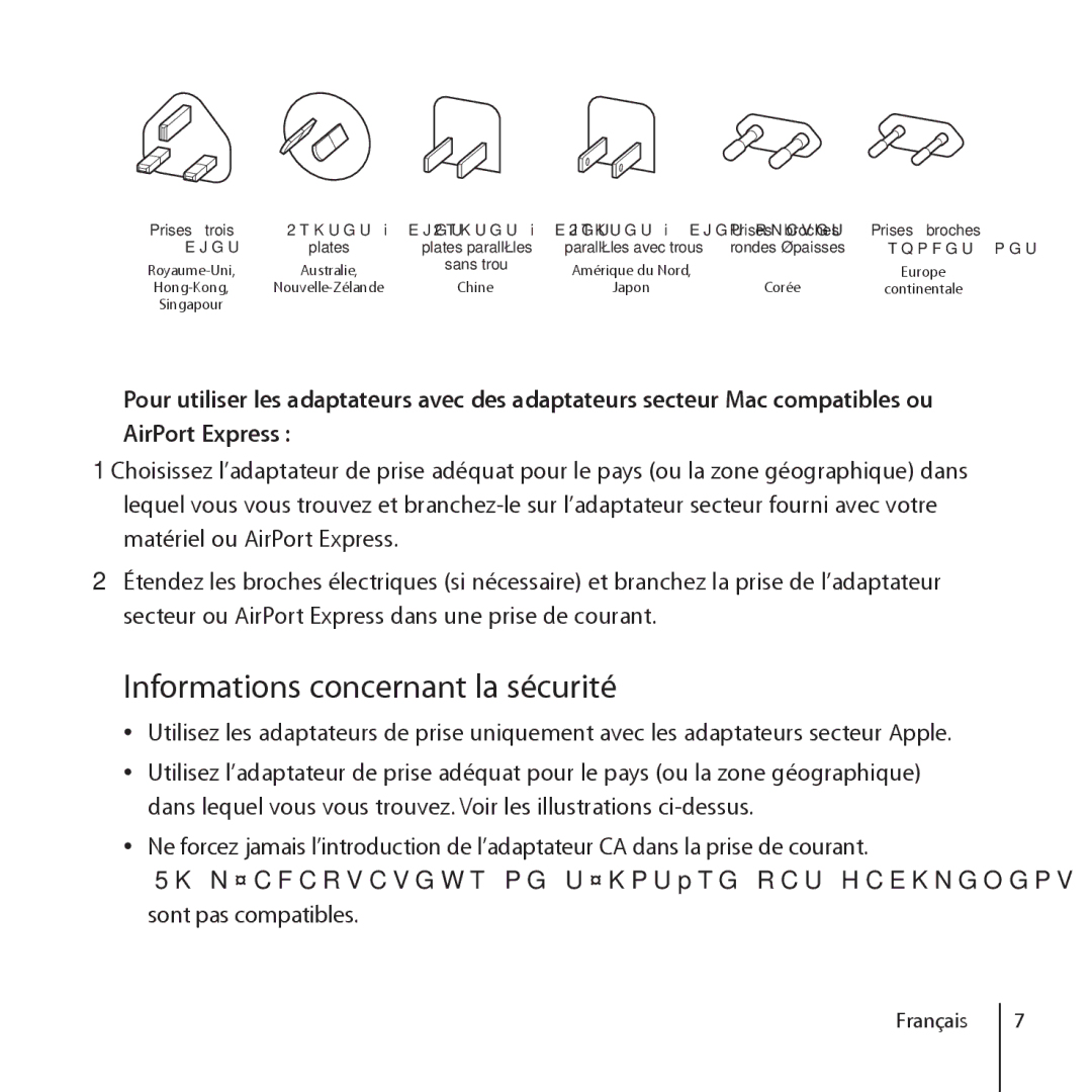 Apple World Travel Adapter Informations concernant la sécurité, Fiches Plates Plates parallèles Parallèles avec trous 