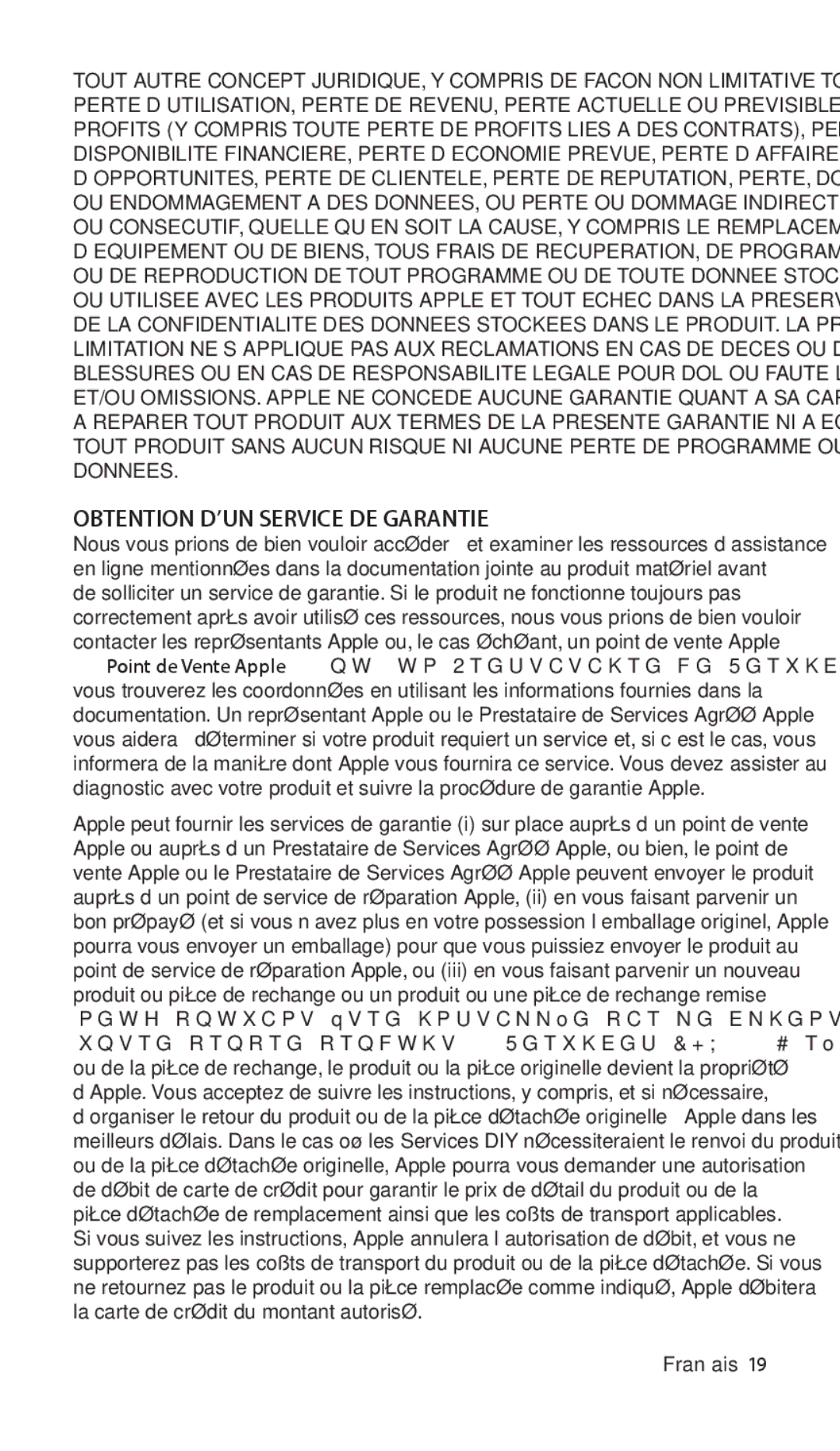 Apple ZM034-4942-A manual Obtention D’UN Service DE Garantie, Français 19 