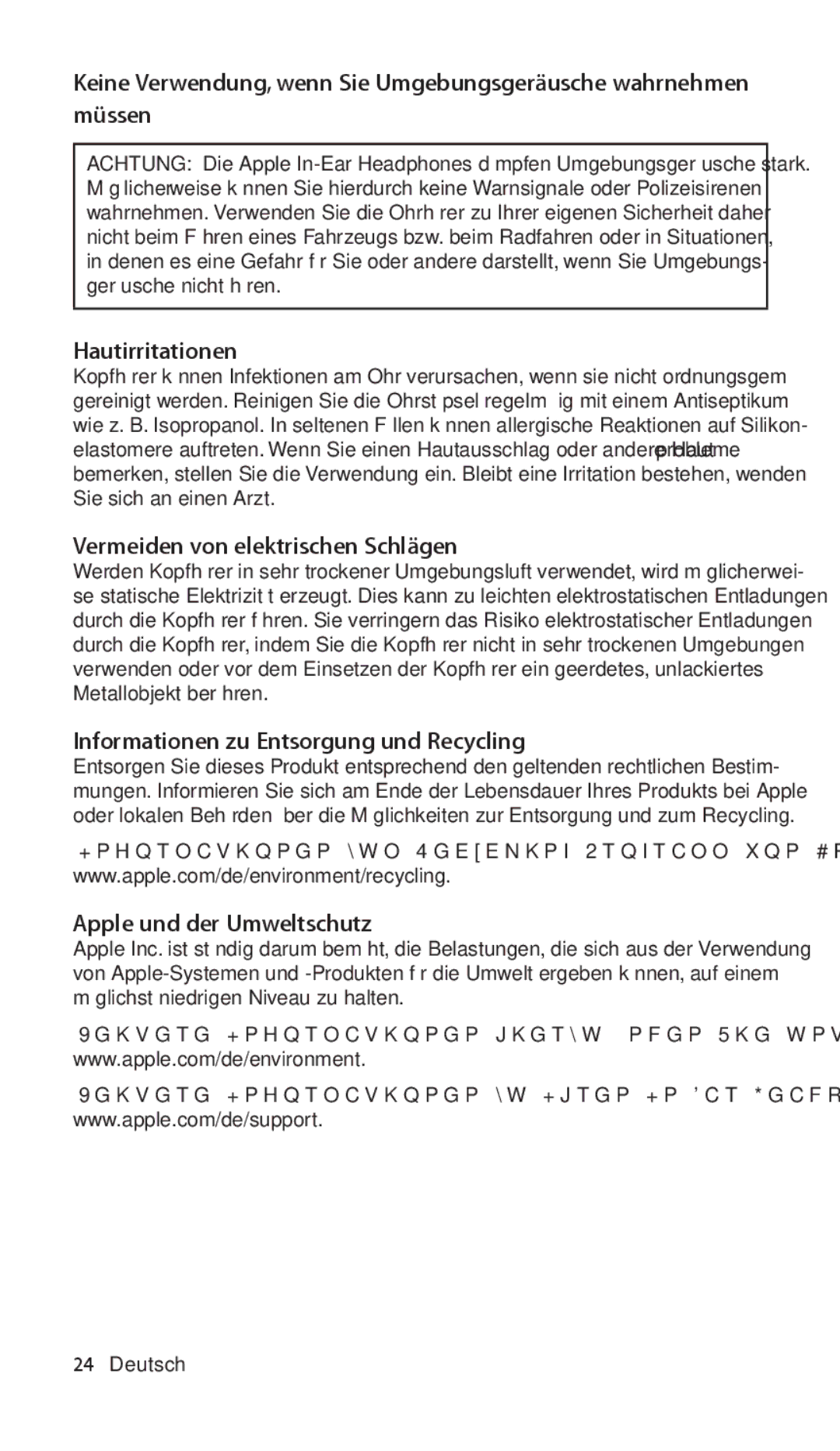 Apple ZM034-4942-A manual Hautirritationen, Vermeiden von elektrischen Schlägen, Informationen zu Entsorgung und Recycling 