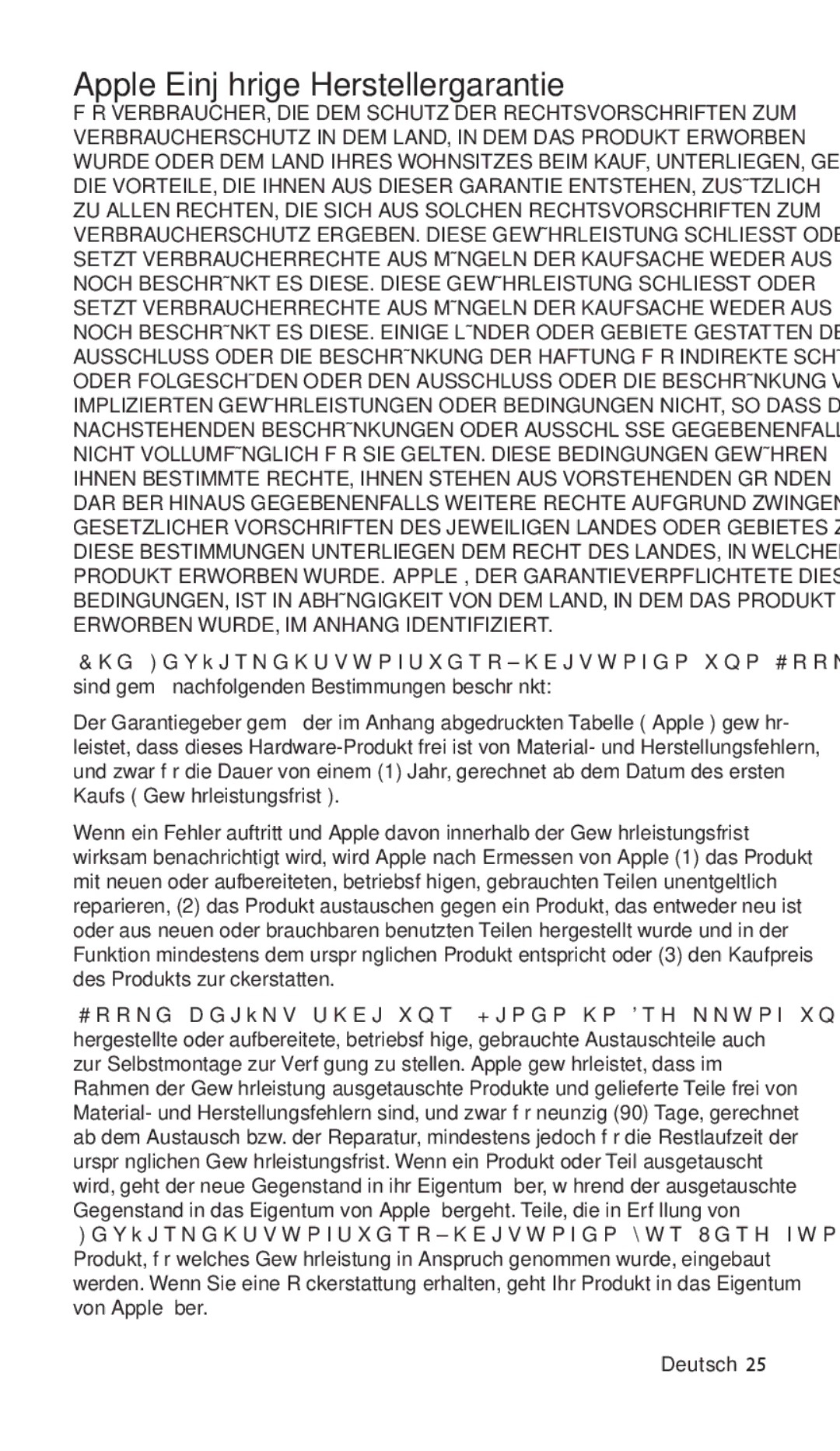 Apple ZM034-4942-A manual Apple Einjährige Herstellergarantie, Deutsch 25 