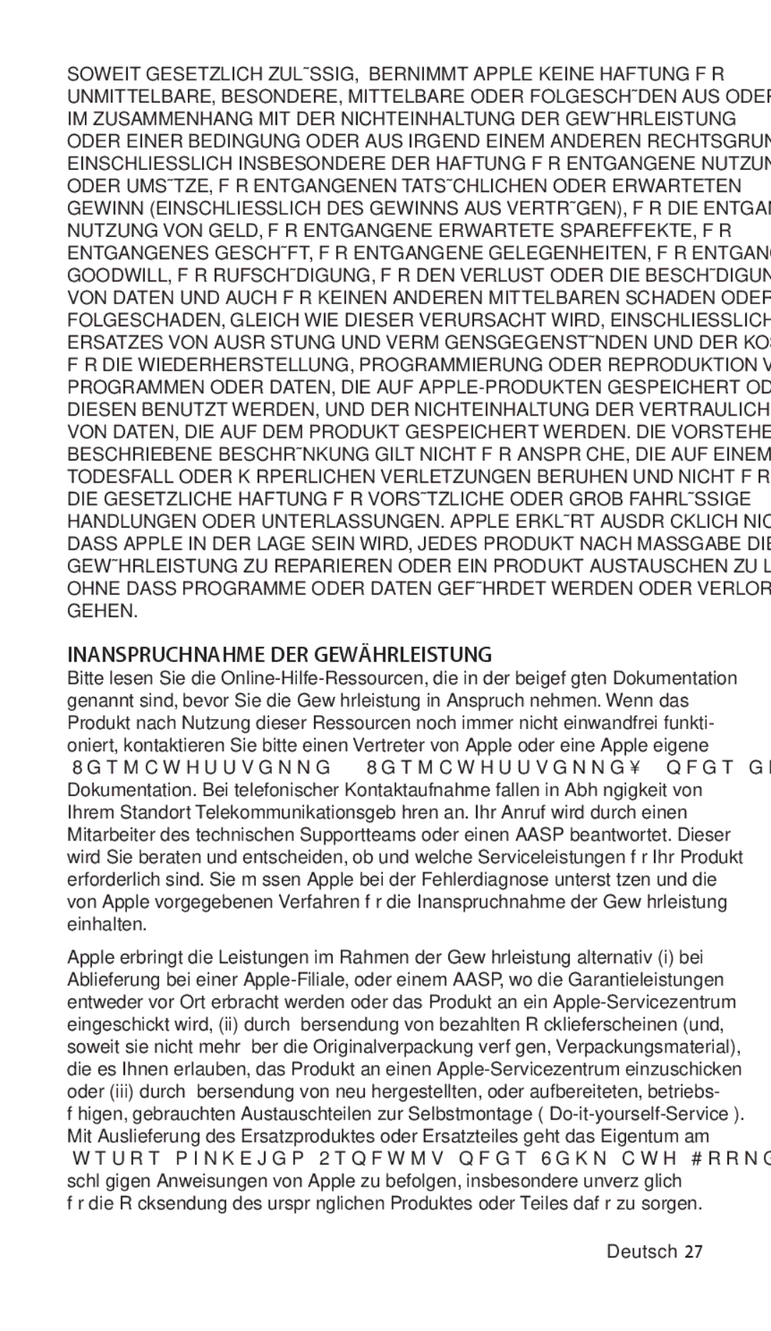 Apple ZM034-4942-A manual Inanspruchnahme DER Gewährleistung, Deutsch 27 