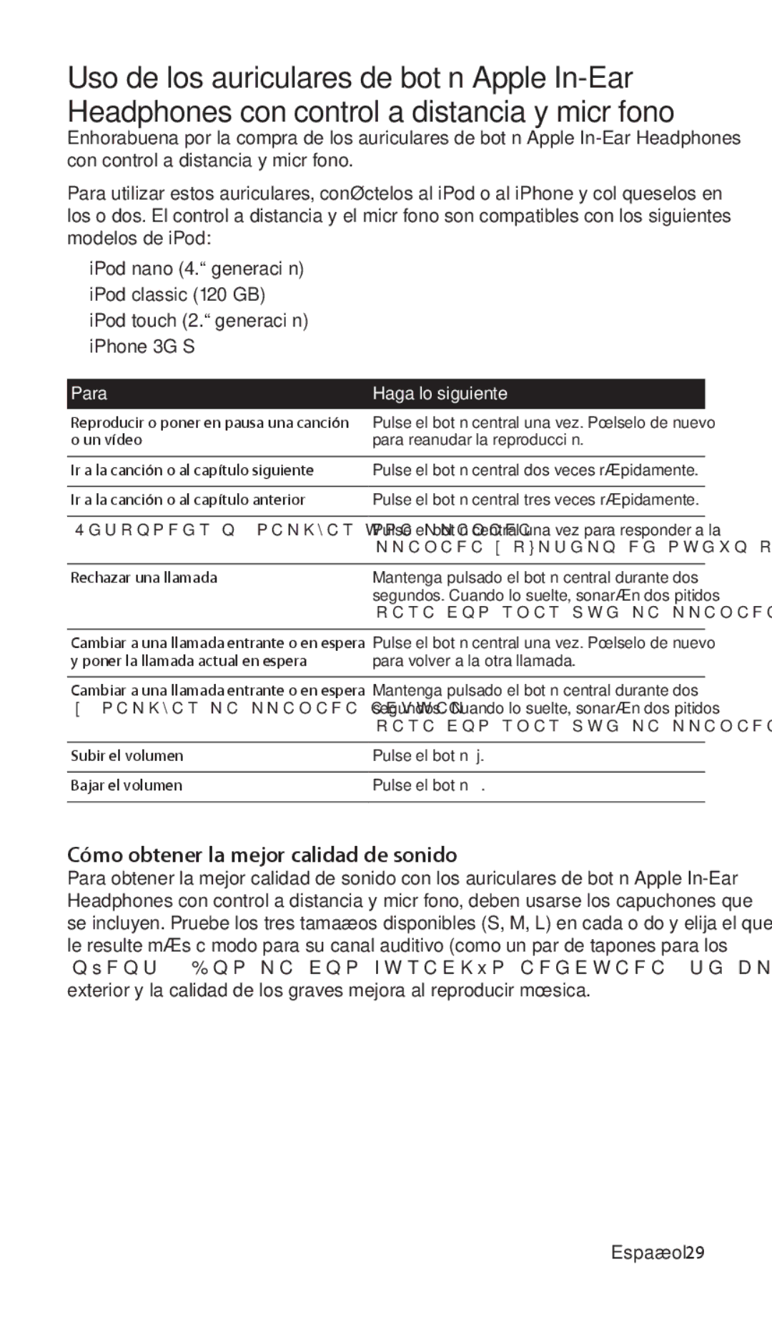 Apple ZM034-4942-A manual Cómo obtener la mejor calidad de sonido, Español 29 