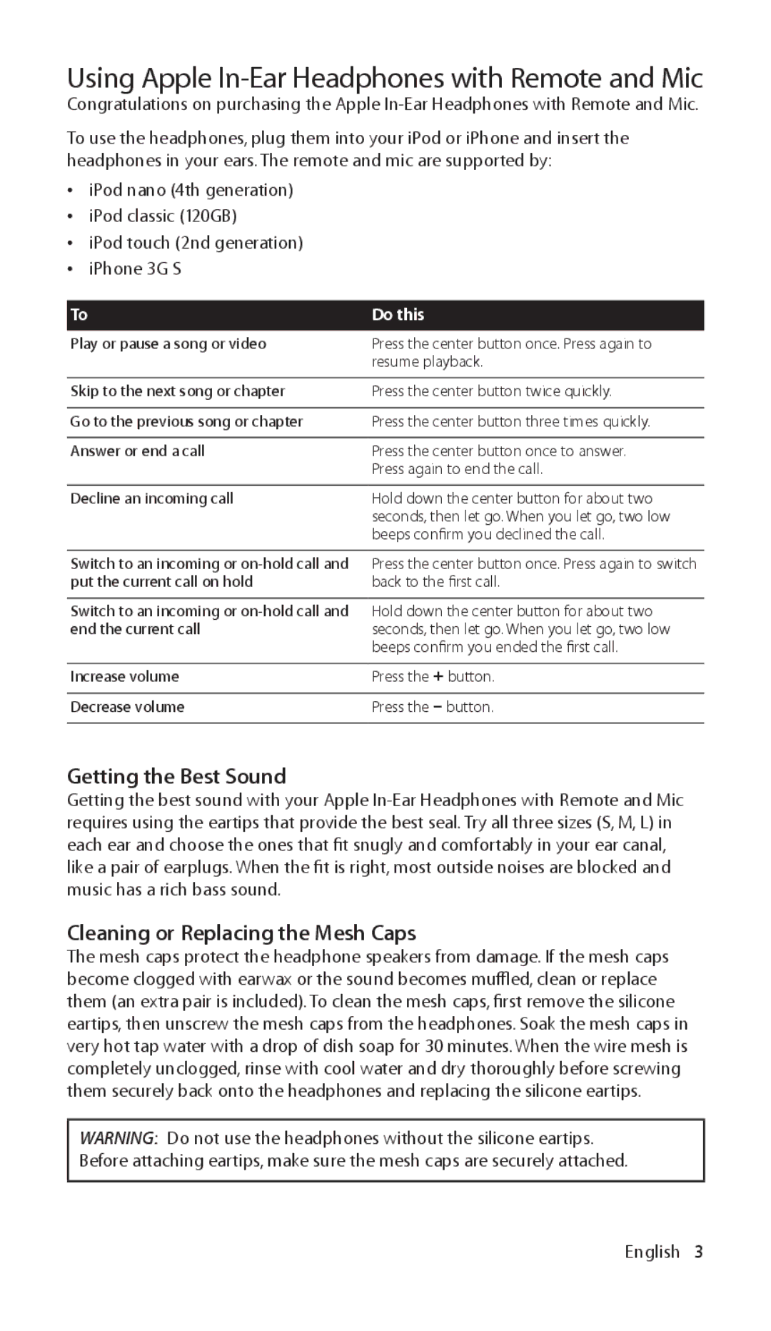 Apple ZM034-4942-A manual Getting the Best Sound, Cleaning or Replacing the Mesh Caps, English 3 