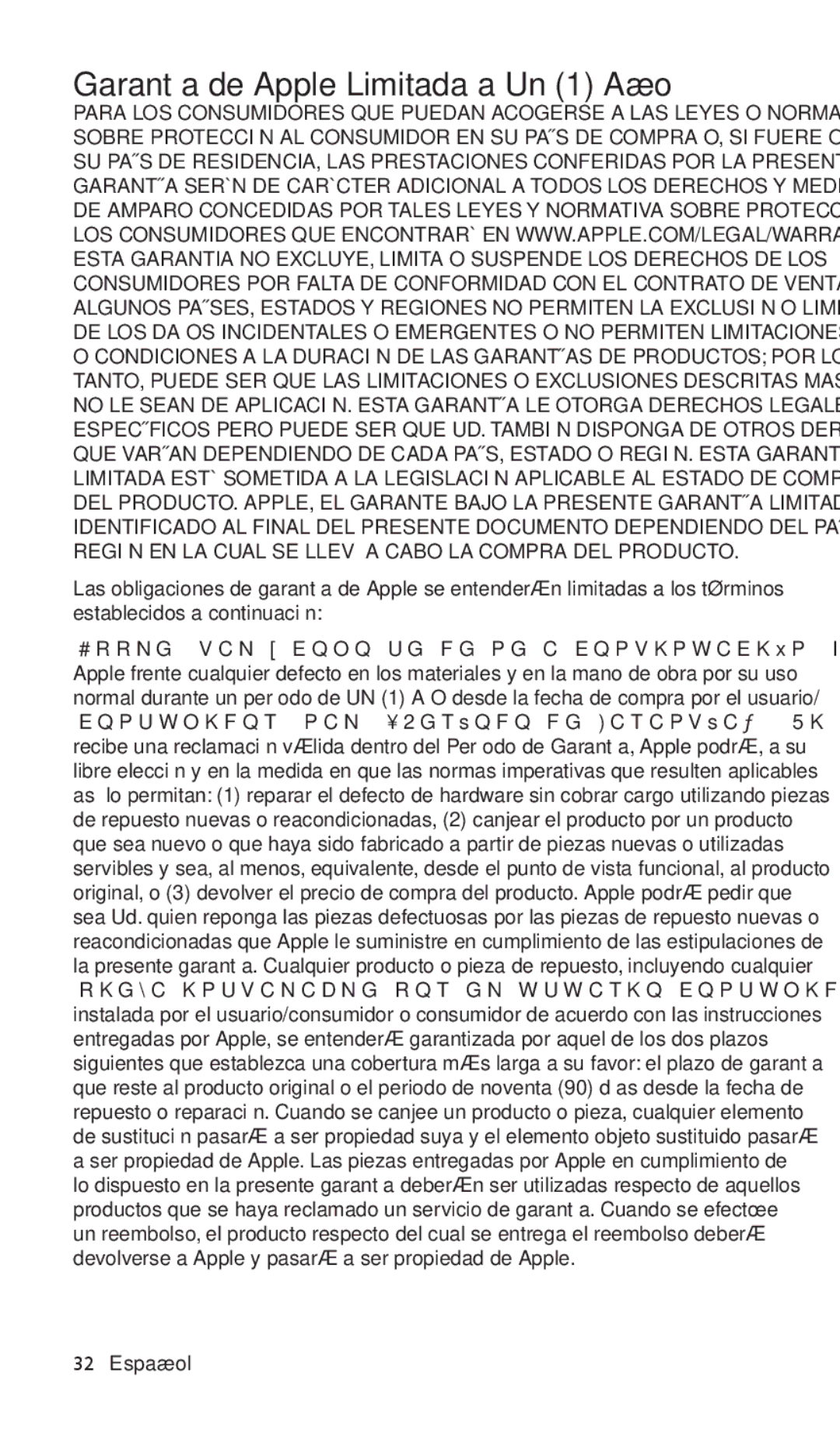 Apple ZM034-4942-A manual Garantía de Apple Limitada a Un 1 Año 