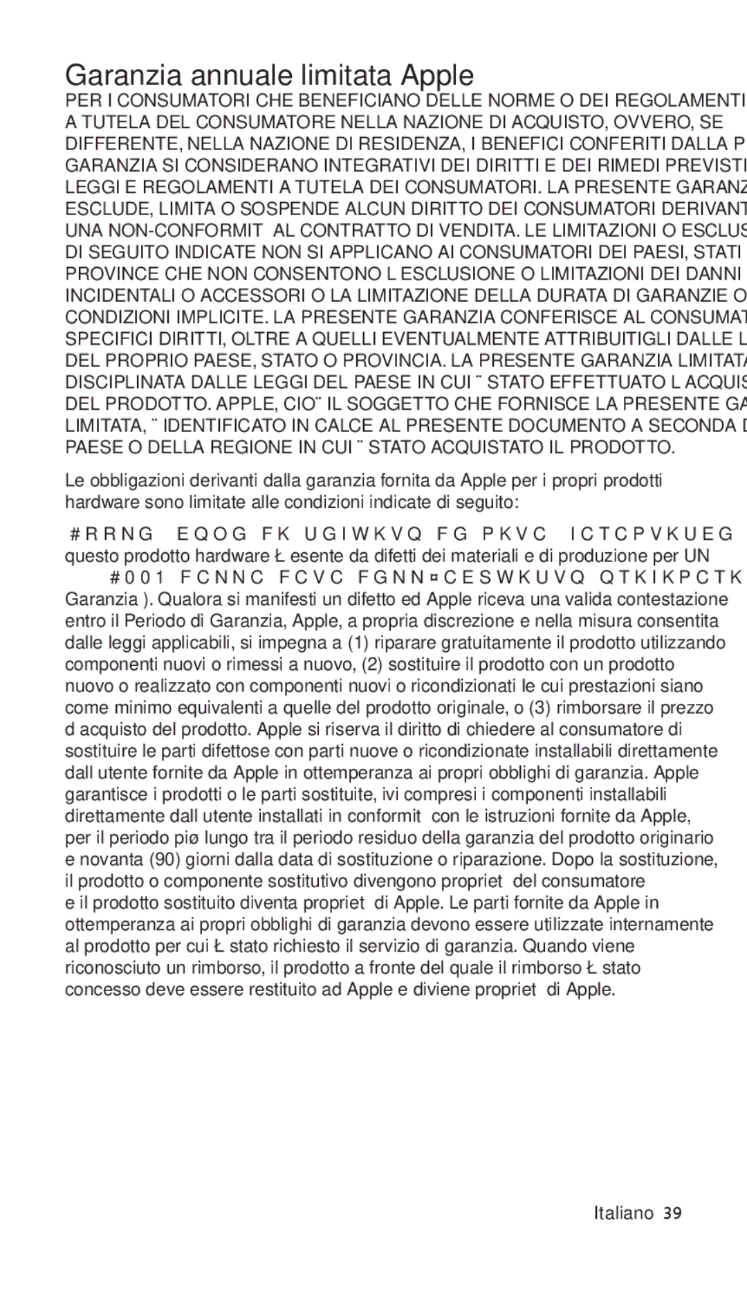 Apple ZM034-4942-A manual Garanzia annuale limitata Apple, Italiano 39 