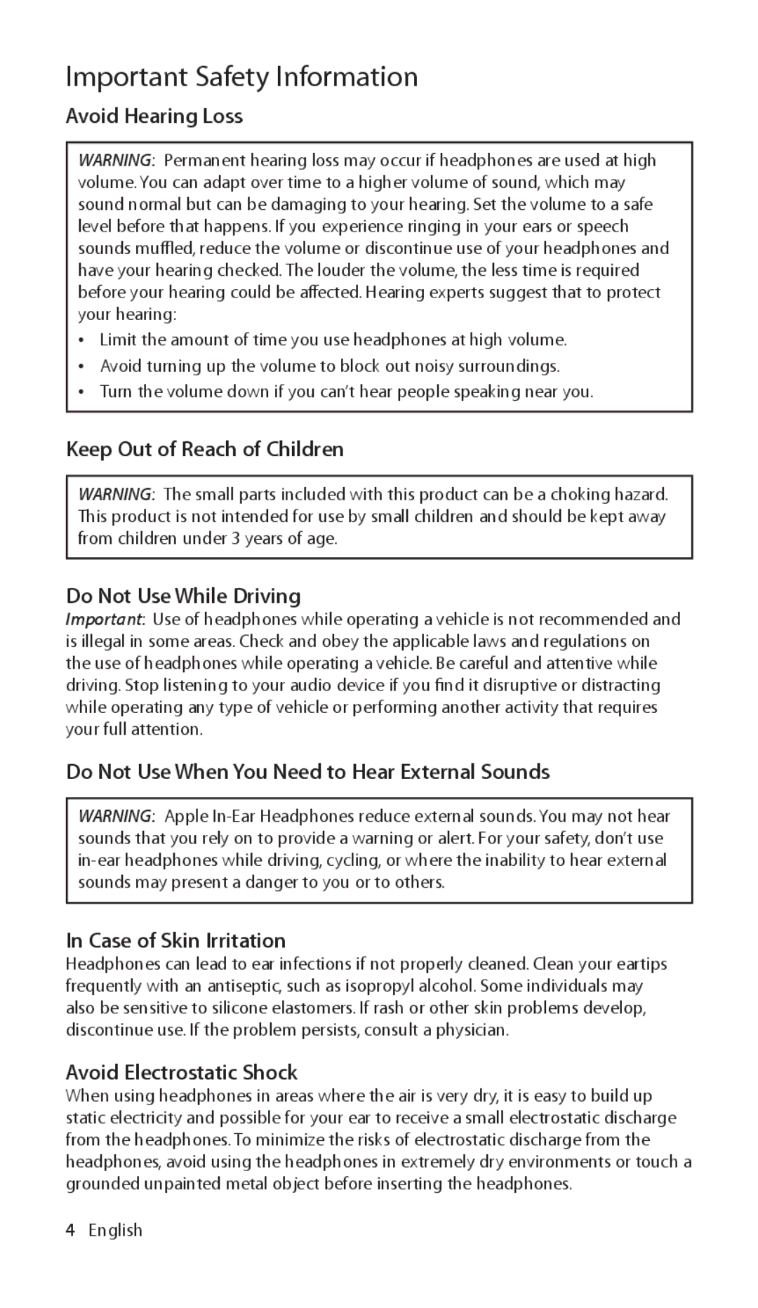 Apple ZM034-4942-A manual Important Safety Information, Avoid Hearing Loss, Avoid Electrostatic Shock, English 