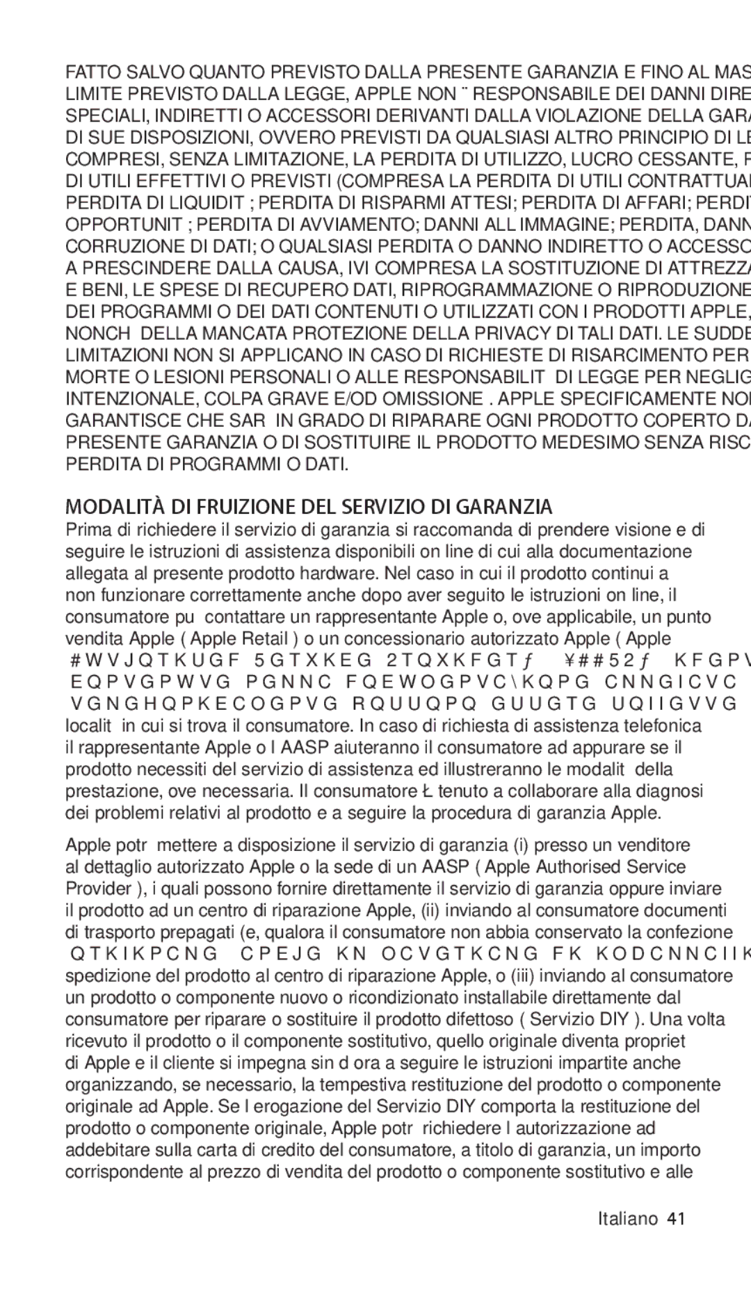 Apple ZM034-4942-A manual Modalità DI Fruizione DEL Servizio DI Garanzia, Italiano 41 