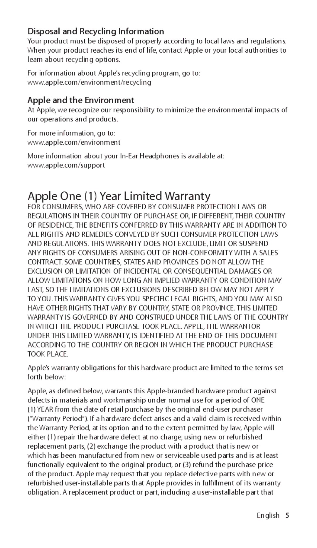 Apple ZM034-4942-A manual Apple One 1 Year Limited Warranty, Disposal and Recycling Information, Apple and the Environment 