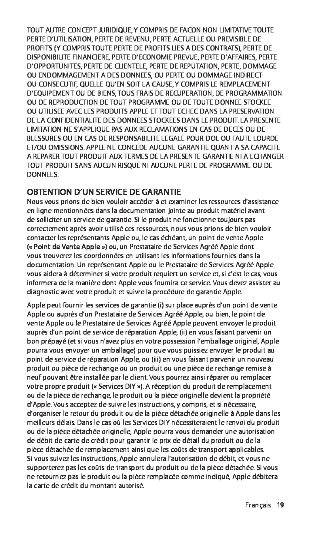Apple ZM034-4942-A manual Obtention D’Un Service De Garantie, Français19 