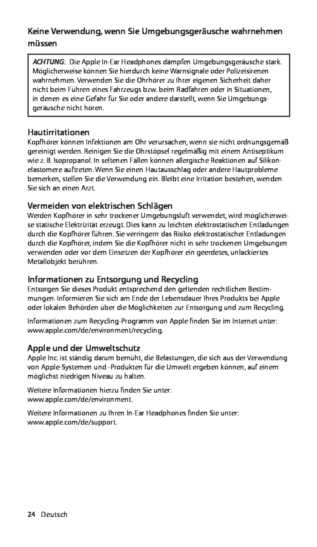 Apple ZM034-4942-A manual Hautirritationen, Vermeiden von elektrischen Schlägen, Informationen zu Entsorgung und Recycling 