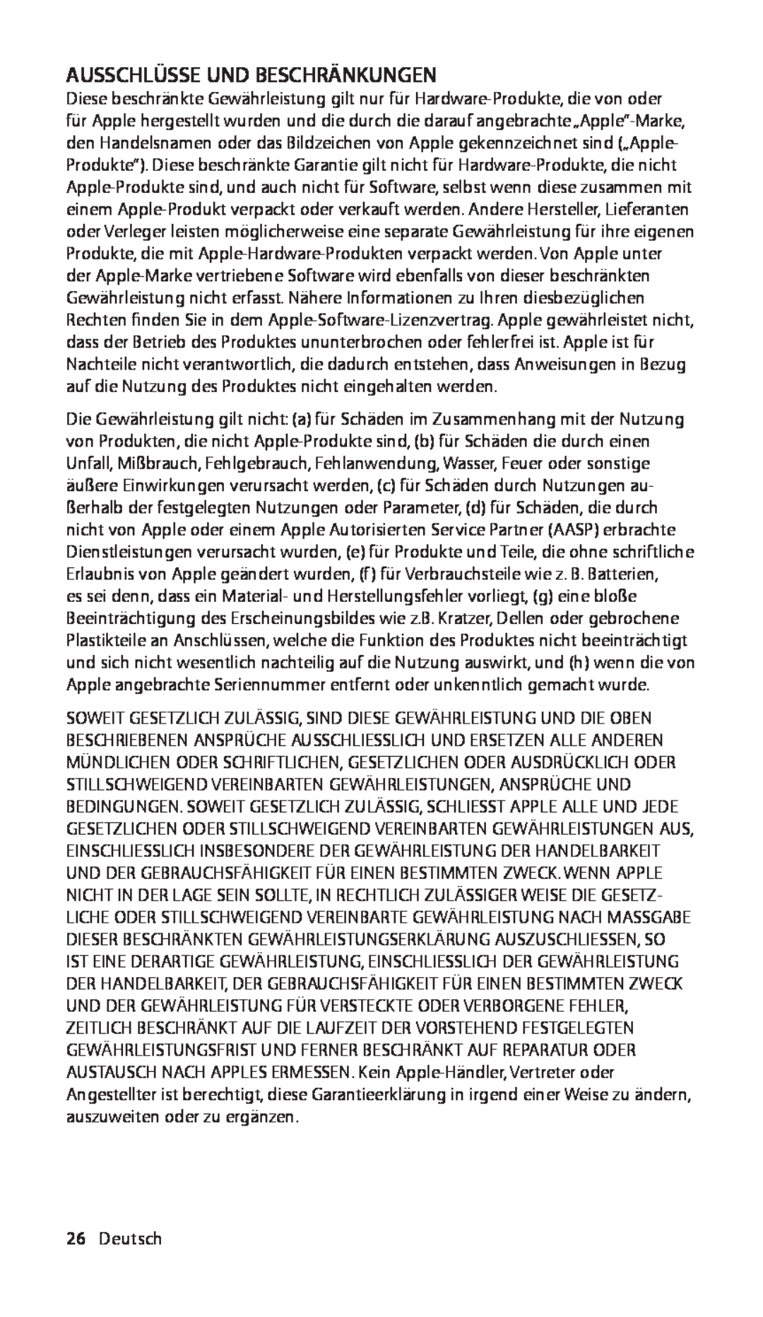 Apple ZM034-4942-A manual Ausschlüsse Und Beschränkungen, Deutsch 