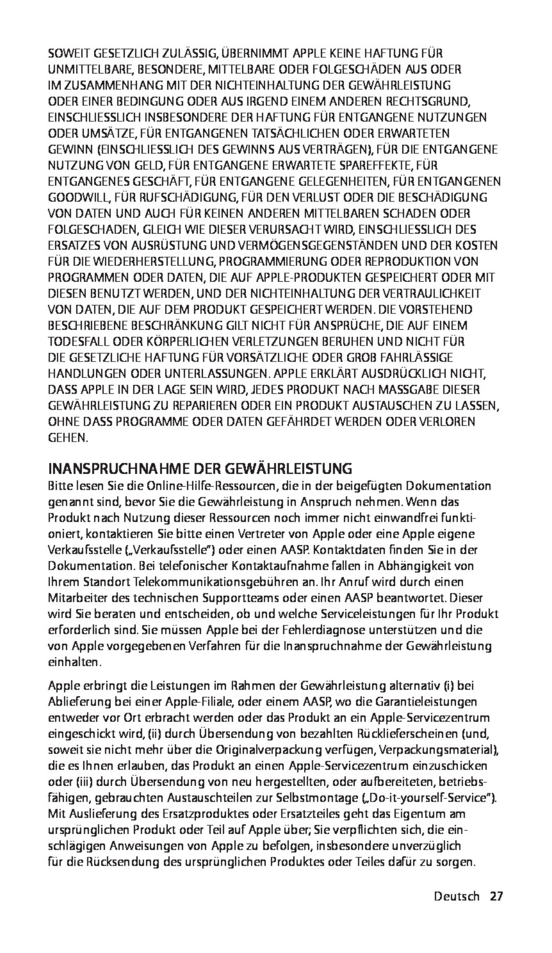 Apple ZM034-4942-A manual Inanspruchnahme Der Gewährleistung, Deutsch27 