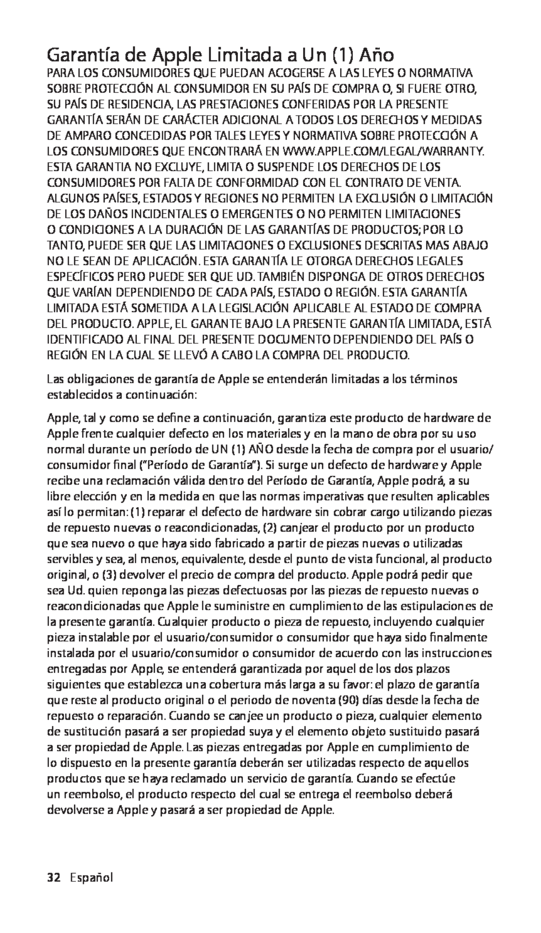 Apple ZM034-4942-A manual Garantía de Apple Limitada a Un 1 Año, Español 