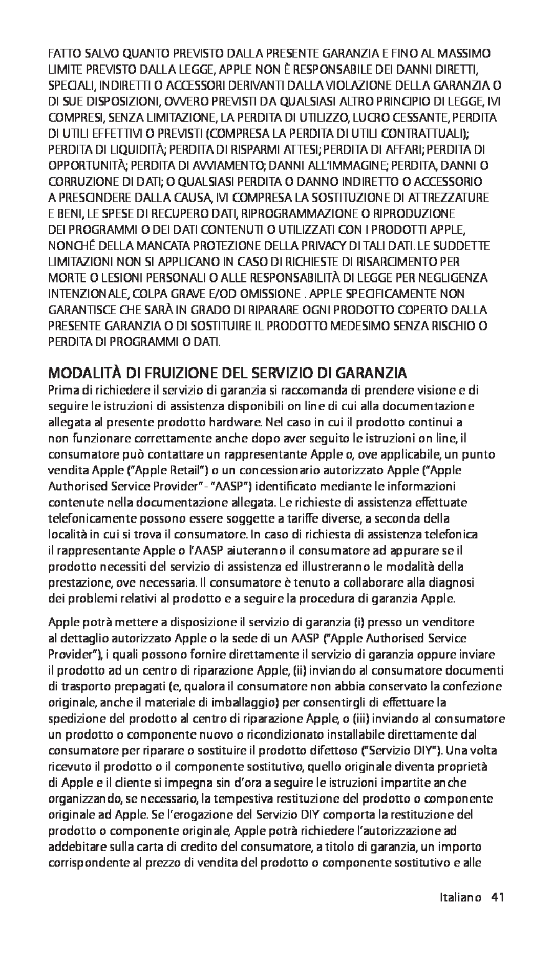 Apple ZM034-4942-A manual Modalità Di Fruizione Del Servizio Di Garanzia, Italiano41 