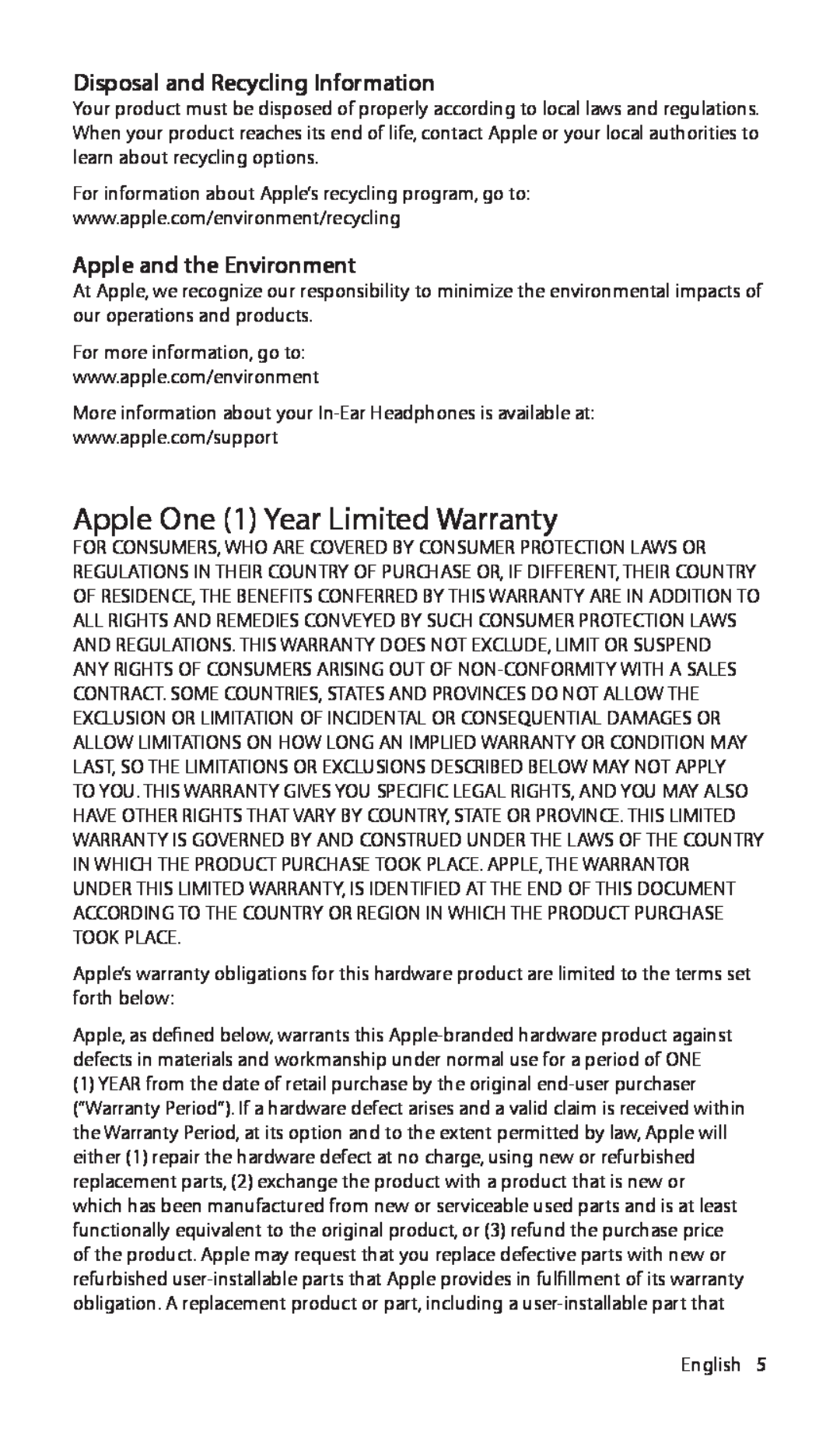 Apple ZM034-4942-A manual Apple One 1 Year Limited Warranty, Disposal and Recycling Information, Apple and the Environment 