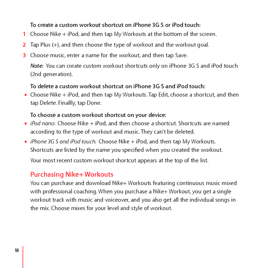 Apple ZM034-4944-A manual Purchasing Nike+ Workouts, To choose a custom workout shortcut on your device 