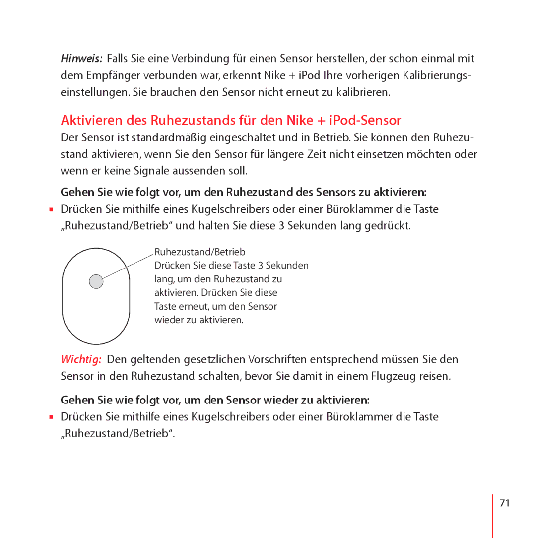 Apple ZM034-4944-A manual Aktivieren des Ruhezustands für den Nike + iPod-Sensor 