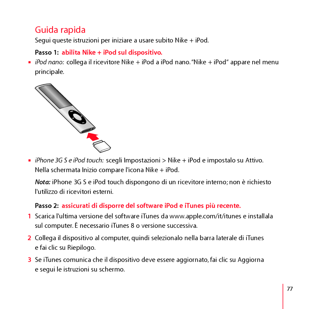 Apple ZM034-4944-A manual Guida rapida, Passo 1 abilita Nike + iPod sul dispositivo 