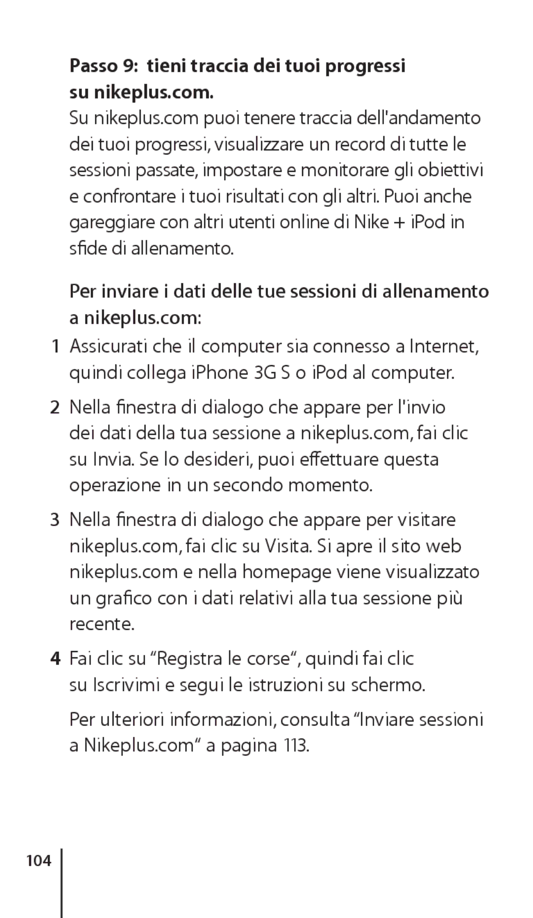 Apple ZM034-4945-A manual Passo 9 tieni traccia dei tuoi progressi su nikeplus.com, 104 