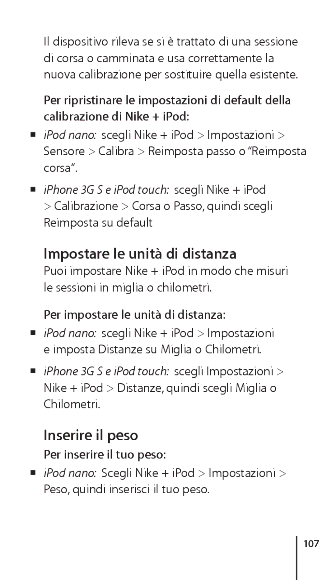 Apple ZM034-4945-A manual Impostare le unità di distanza, Inserire il peso, Per impostare le unità di distanza, 107 