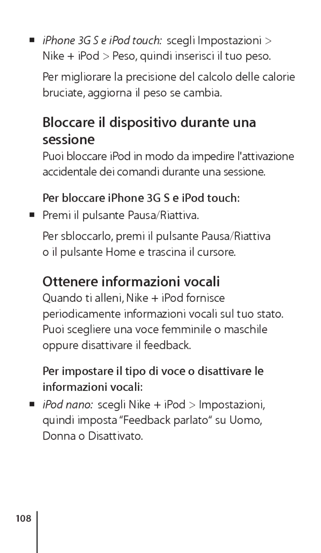 Apple ZM034-4945-A manual Bloccare il dispositivo durante una sessione, Ottenere informazioni vocali, 108 