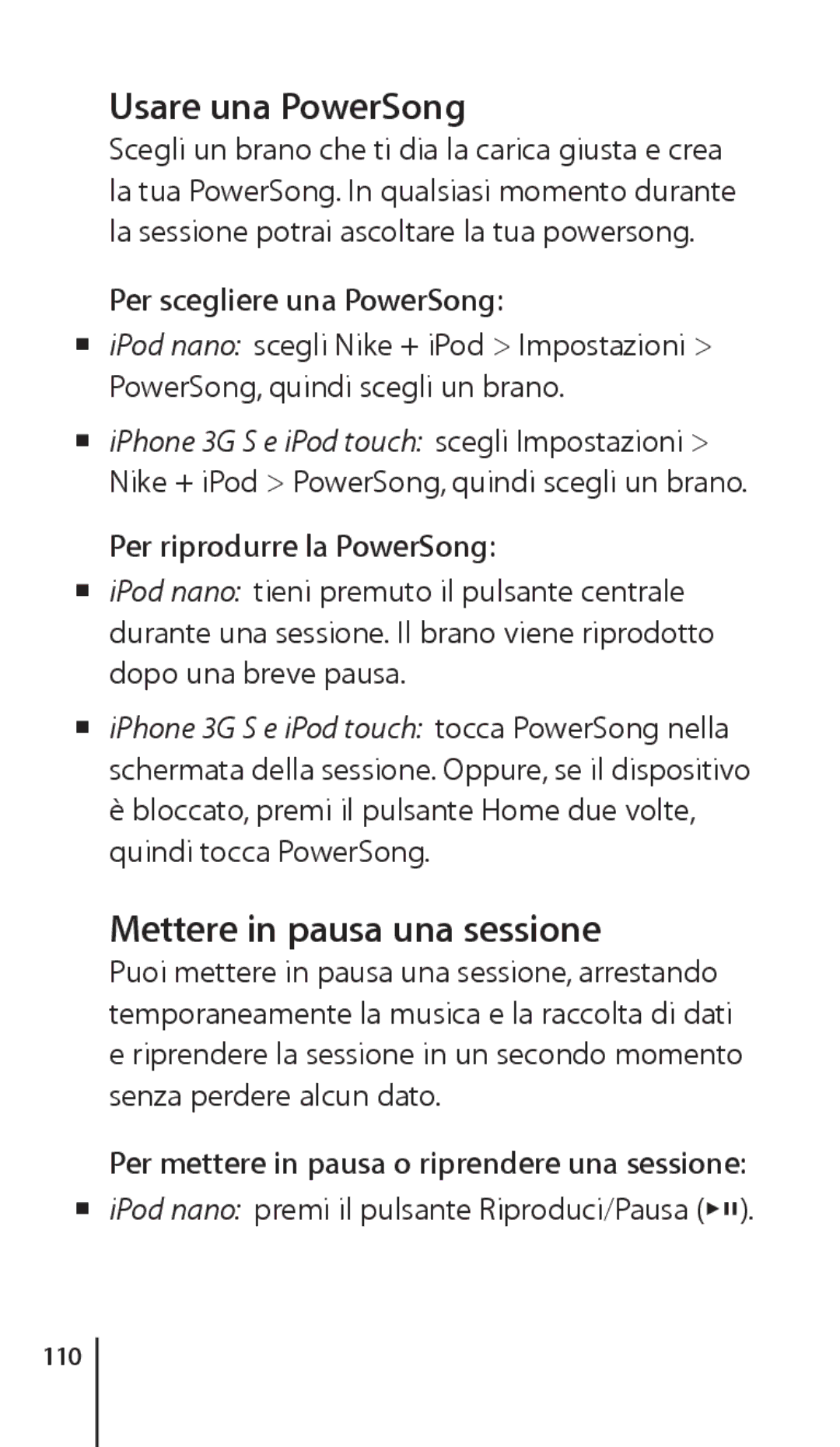 Apple ZM034-4945-A manual Usare una PowerSong, Mettere in pausa una sessione, Per scegliere una PowerSong 