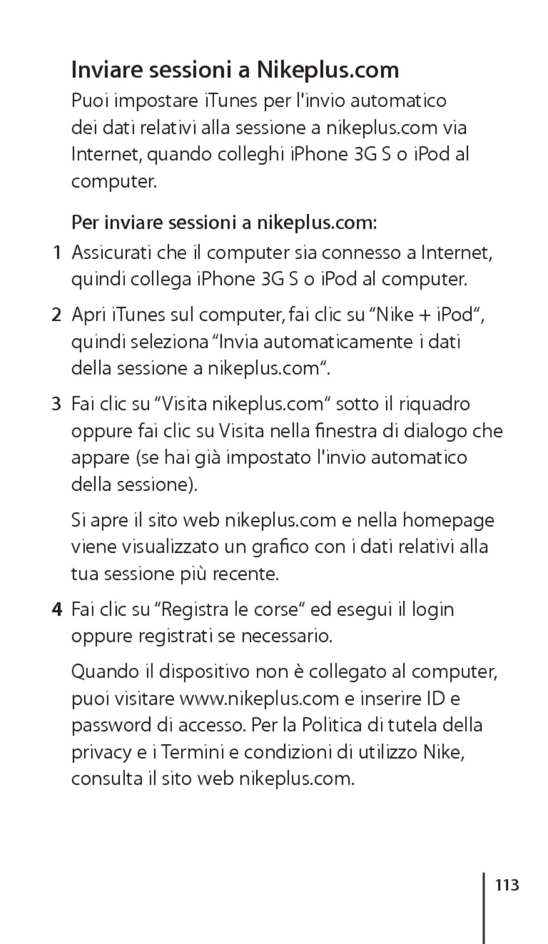 Apple ZM034-4945-A manual Inviare sessioni a Nikeplus.com, Per inviare sessioni a nikeplus.com, 113 