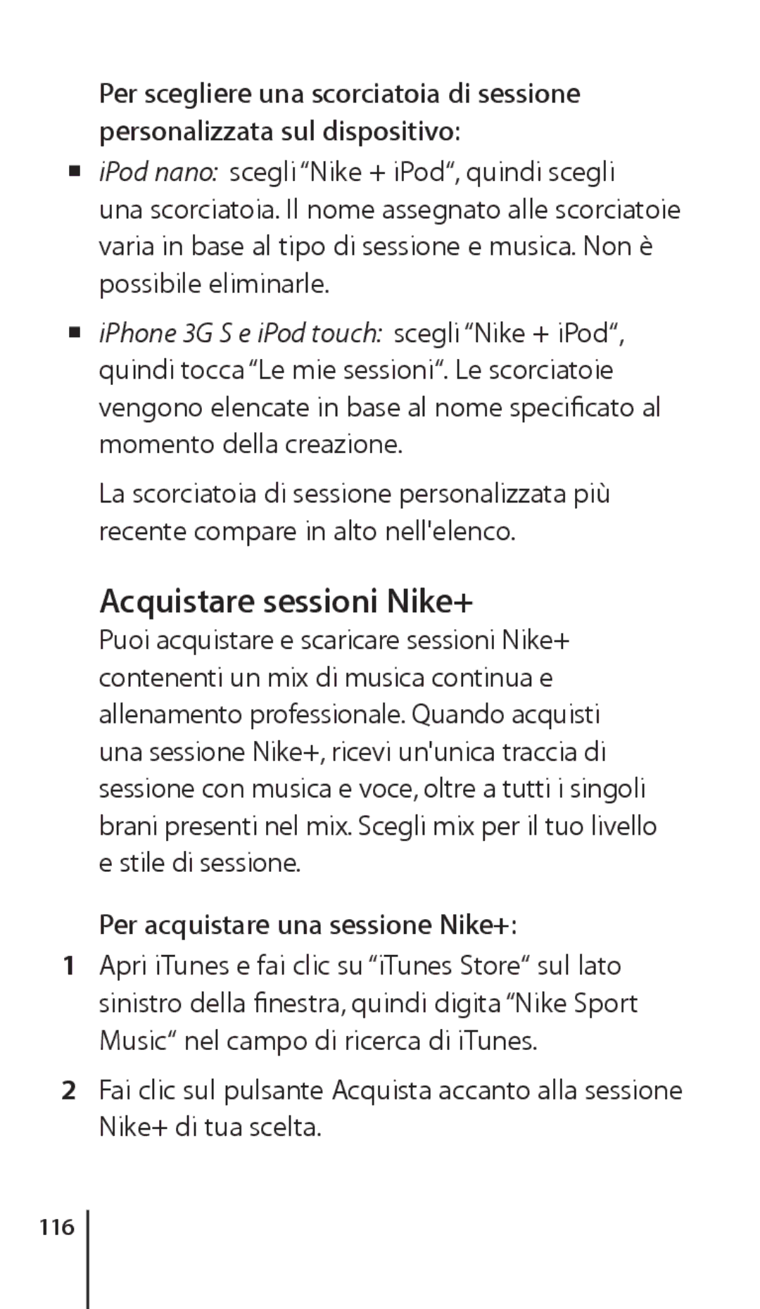 Apple ZM034-4945-A manual Acquistare sessioni Nike+, Per acquistare una sessione Nike+, 116 