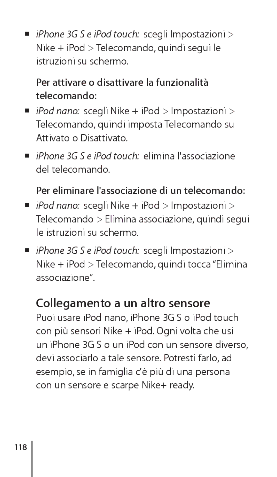 Apple ZM034-4945-A manual Collegamento a un altro sensore, Per attivare o disattivare la funzionalità telecomando, 118 