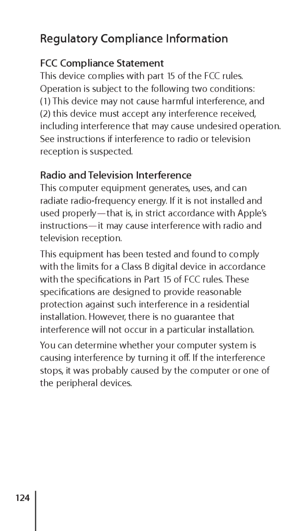 Apple ZM034-4945-A Regulatory Compliance Information, FCC Compliance Statement, Radio and Television Interference, 124 